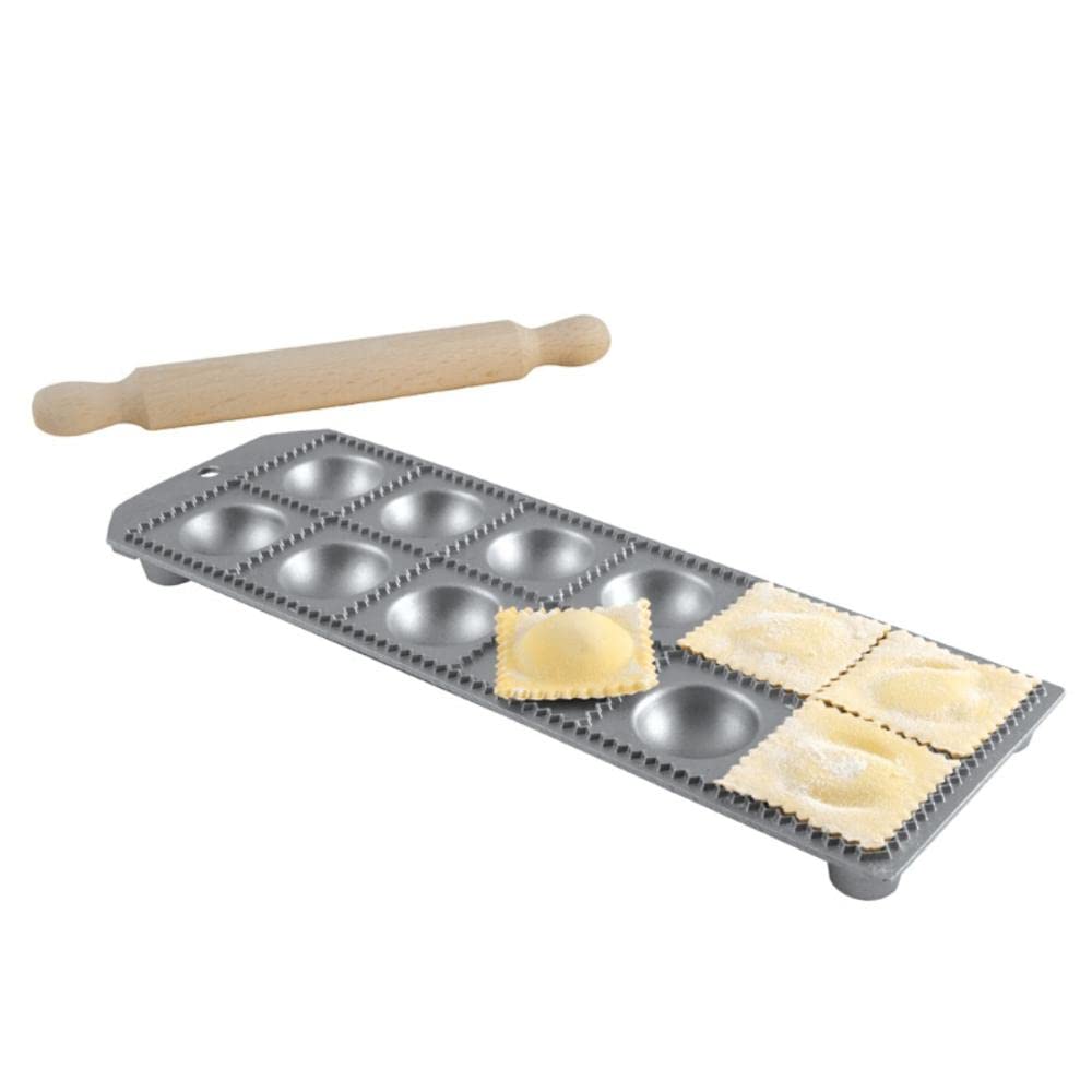 Eppicotispai 12-Hole Aluminum Round Ravioli Maker with Rolling Pin - Professional Pasta Dough Press for Homemade Italian Dumplings - Perfect for Kitchen, Restaurants, and Cooking Enthusiasts