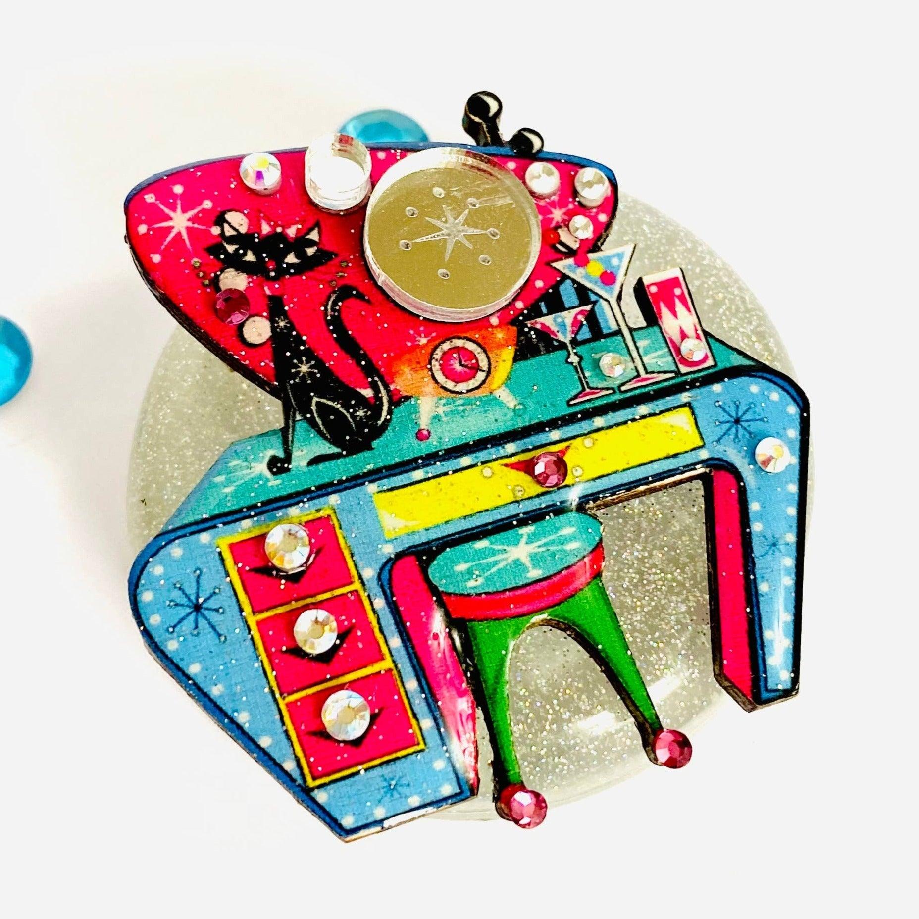 Vintage Style Atomic Cat Vanity Brooch by Rosie Rose Parker - Perfect for Lapel Pins, Jacket Decor & Gift Giving