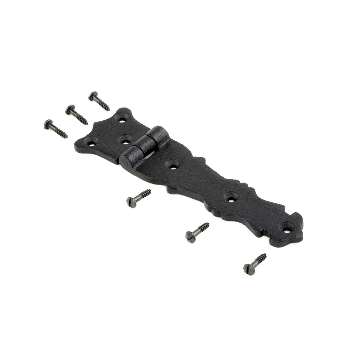 Antique Fleur De Lis Style Black Wrought Iron Shed Door Hinge 5.5 Inch - Decorative Flush Mount Cast Iron Barn Door Hinge with Hardware - Perfect for Sheds, Barns, and Rustic Home Decor