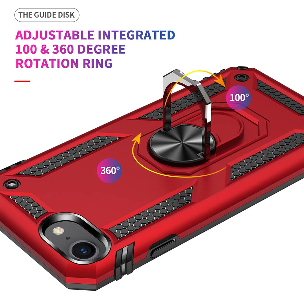 Aozuoton iPhone SE 2022/2020 & iPhone 8/7 Case with HD Screen Protector - Military Grade 16ft Drop Tested, Shockproof Protective Phone Cover with Ring Holder (Red) - Perfect for Outdoor Activities, Work & Daily Use