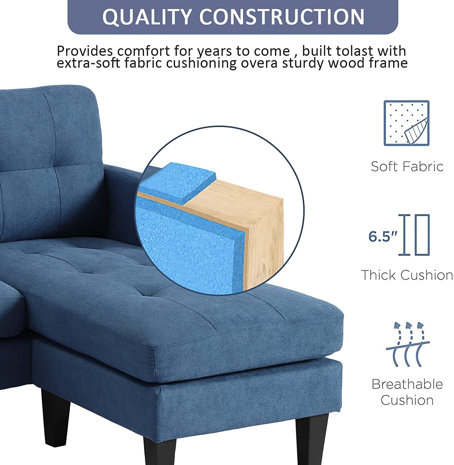 Grepatio Convertible Sectional Sofa - L-Shaped Modern Linen Fabric Couch for Small Spaces (Blue) | Perfect for Apartments, Living Rooms & Home Offices