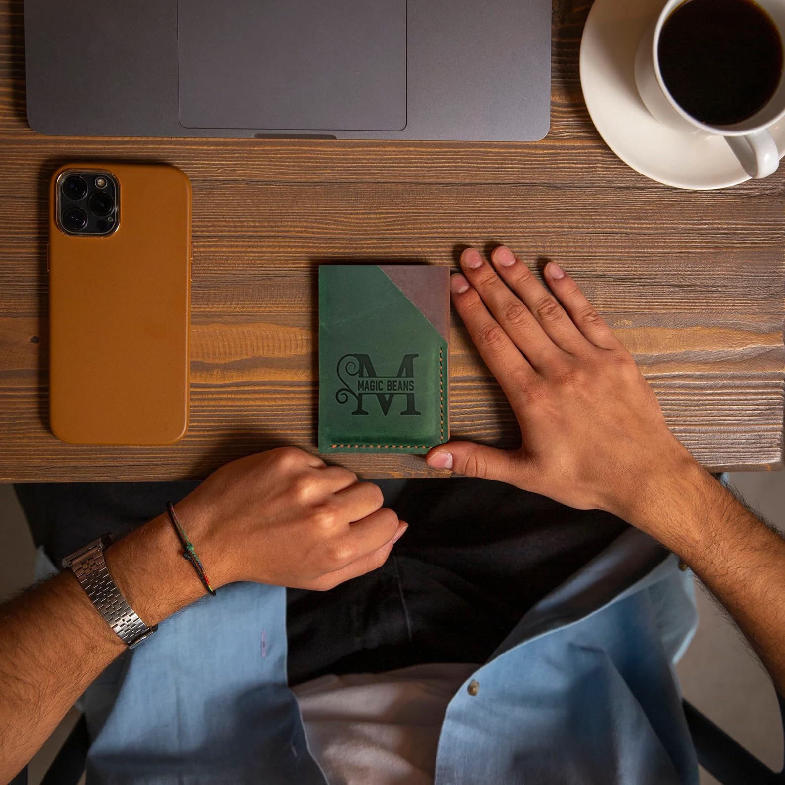 Personalized Handmade Minimalist Vertical Card Wallet - Green & Brown Leather Credit Card Holder for Men & Women - Slim Front Pocket Wallet & RFID Blocking Card Sleeve - Perfect for Everyday Carry, Travel, and Business Use