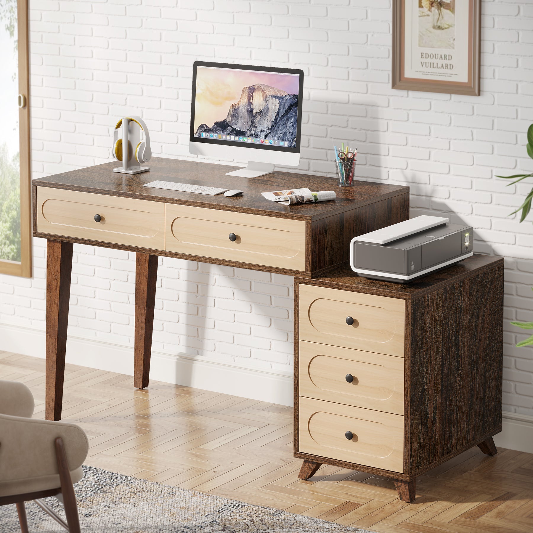 5-Drawer Computer Desk with Reversible Cabinet - 51 Inch Study Writing Table for Home Office, Gaming & Workspace Organization