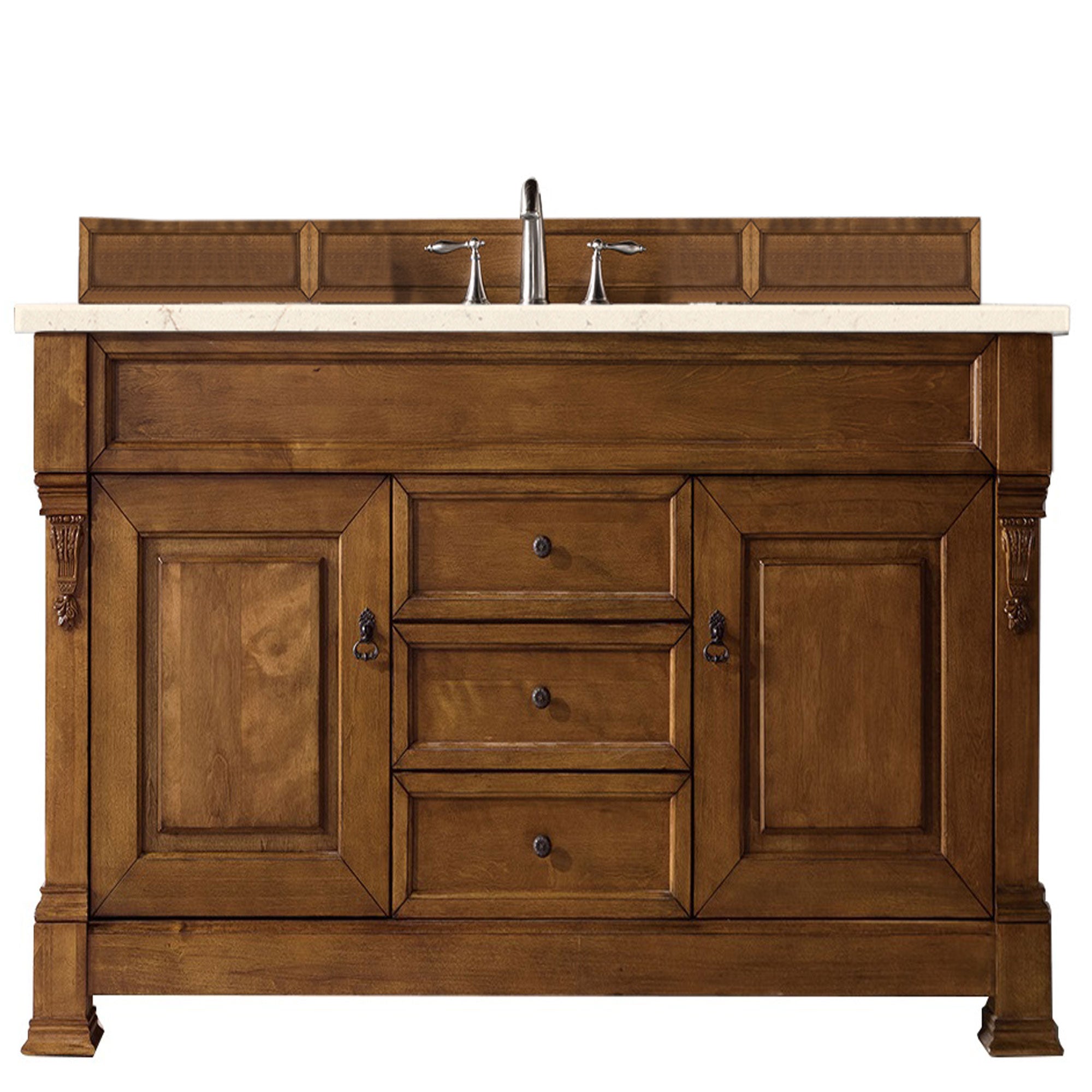 Brookfield 60 Inch Single Bathroom Vanity with Country Oak Finish & 3CM Eternal Marfil Quartz Countertop - Perfect for Modern Farmhouse, Rustic, or Traditional Bathroom Designs