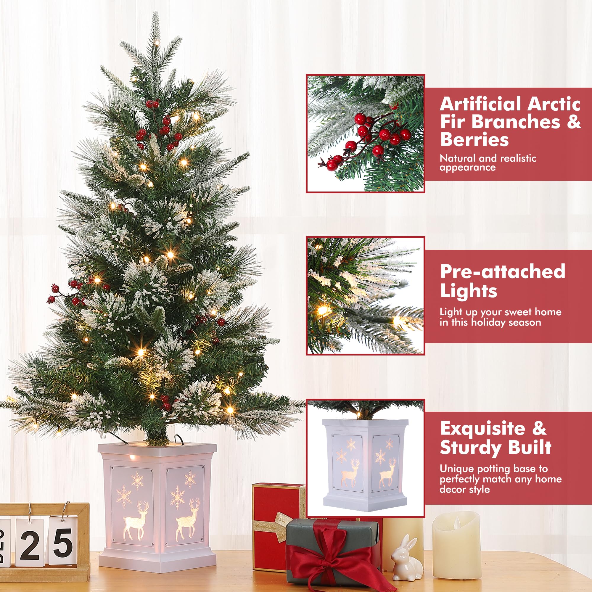GARVEE 3ft Mini Prelit Premium Snow Flocked Artificial Christmas Tree with White Base - Pre-Lit Xmas Pine Tree for Holiday Decorations, Home, Office, Party & Festive Decor (White Base Snowman, 3FT) - Perfect for Living Room, Bedroom, Mantel or Small Space Christmas Decor