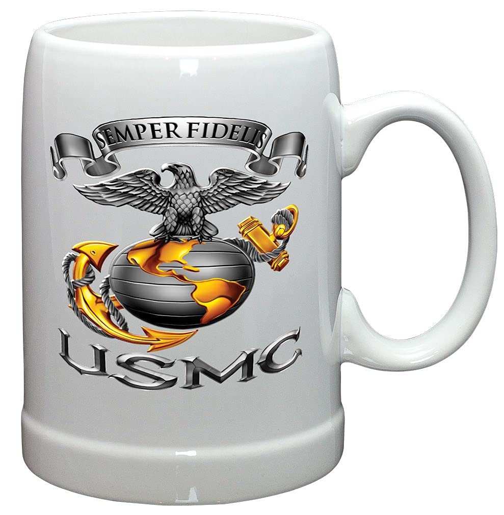 USMC Semper Fidelis German Beer Stein Set - 6 Pack 20oz Stoneware Beer Mugs with US Marine Corps Logo | Military Gifts for Men & Women | Perfect for Veterans Day, Home Bars & Patriotic Parties