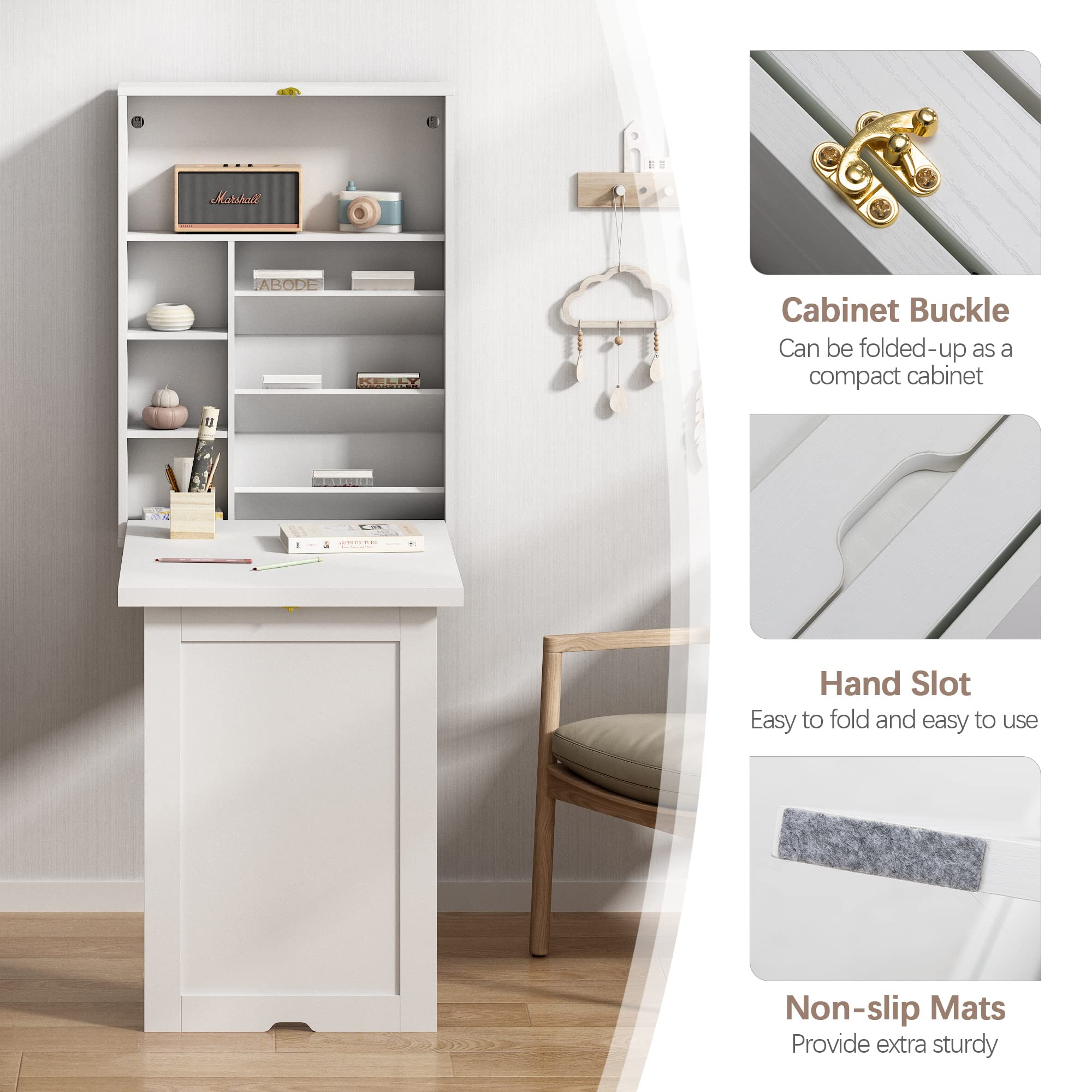 Space Saving Wall Mounted Fold Out Convertible Desk - White Floating Writing Desk with Storage Shelves | Home Office Laptop Workstation | Perfect for Small Spaces & Modern Workspaces