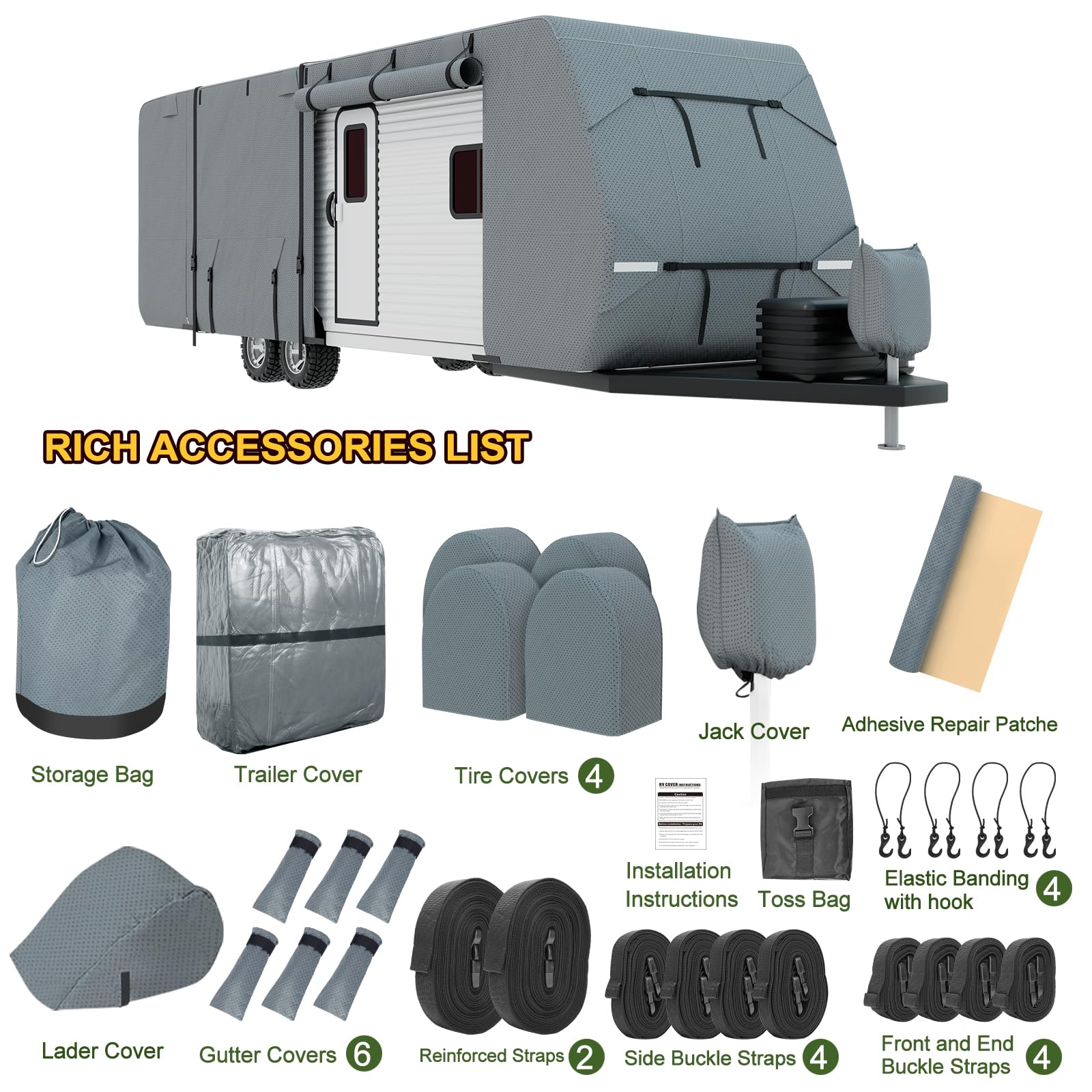 Premium Mofeez RV Cover for Travel Trailers 24'-27' – Heavy Duty 7-Layer Windproof Waterproof Camper Cover with Rip-Stop Technology, Includes 2 Extra Straps & 4 Tire Covers – Perfect for Outdoor Camping, Road Trips and Long-Term RV Storage