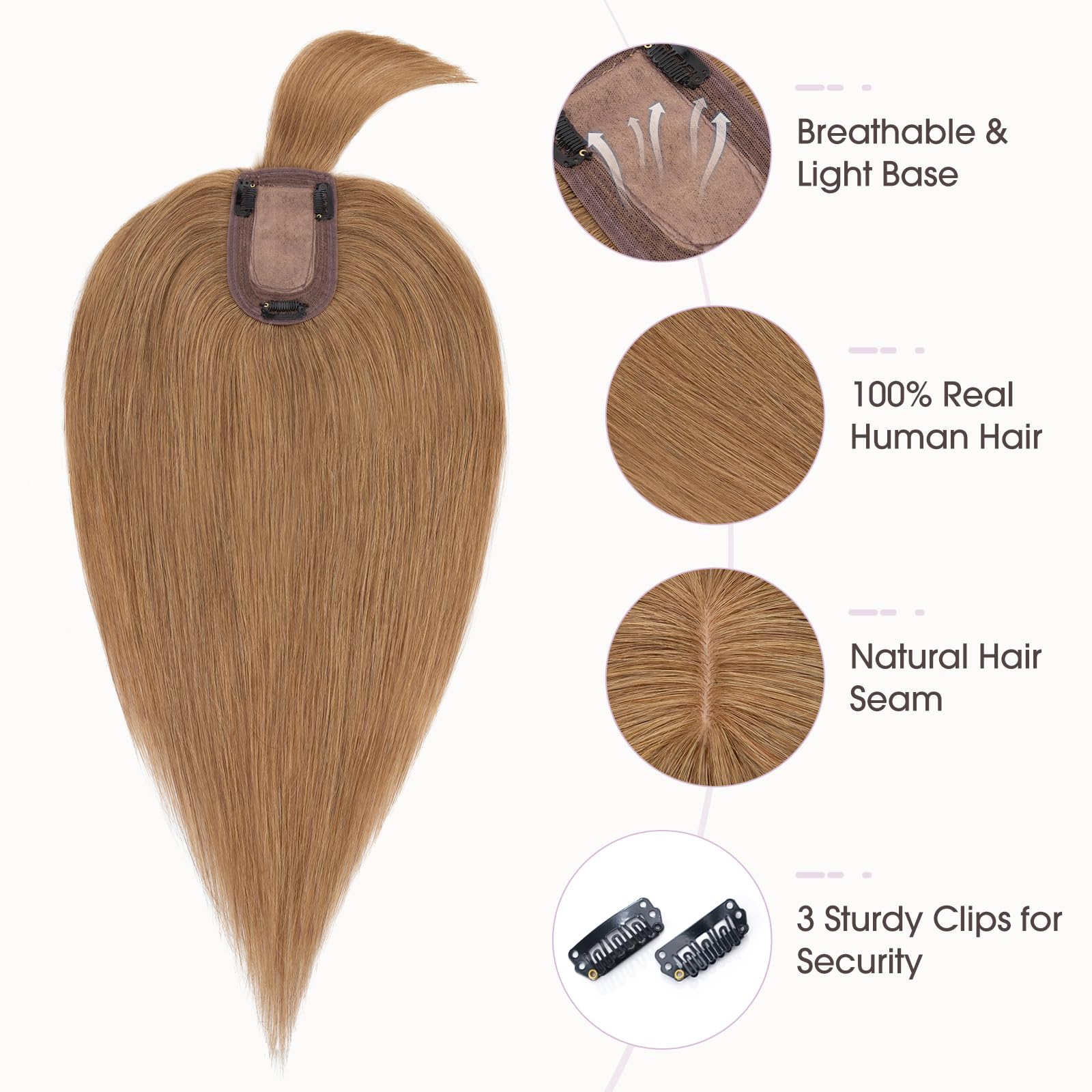 100% Real Human Hair Toppers with Bangs for Women - 18 Inch Blonde Brown Clip-in Hairpieces (2.8