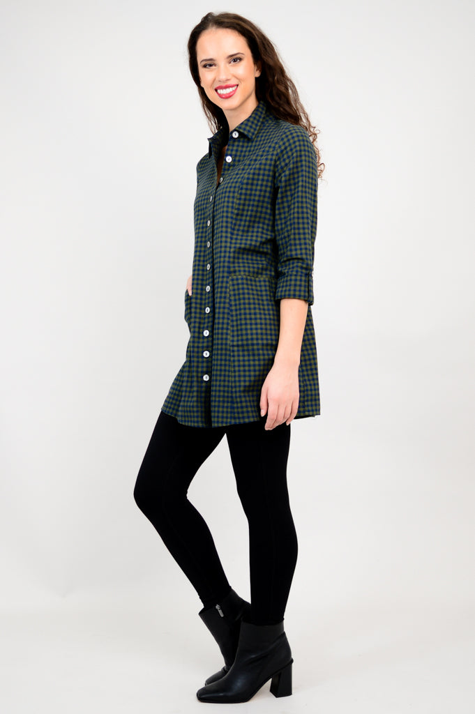 Larissa Tunic Top - Women's Cotton Flannel Shirt with Island Plaid Print - Casual Long Sleeve Button Down for Fall & Winter, Perfect for Office, Travel and Weekend Outings