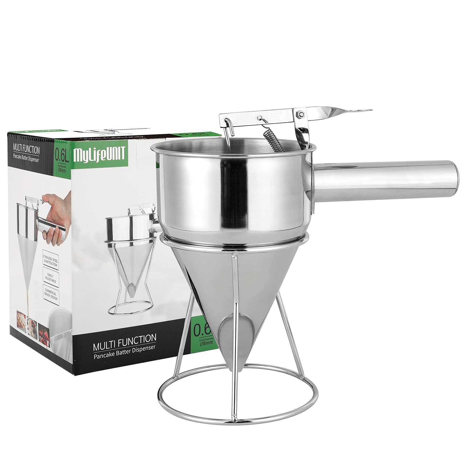 MyLifeUNIT Stainless Steel Pancake Batter Dispenser - Perfect for Pancakes, Waffles & Funnel Cakes - Easy Pour Batter Dispenser with Stand for Breakfast, Brunch & Dessert Making