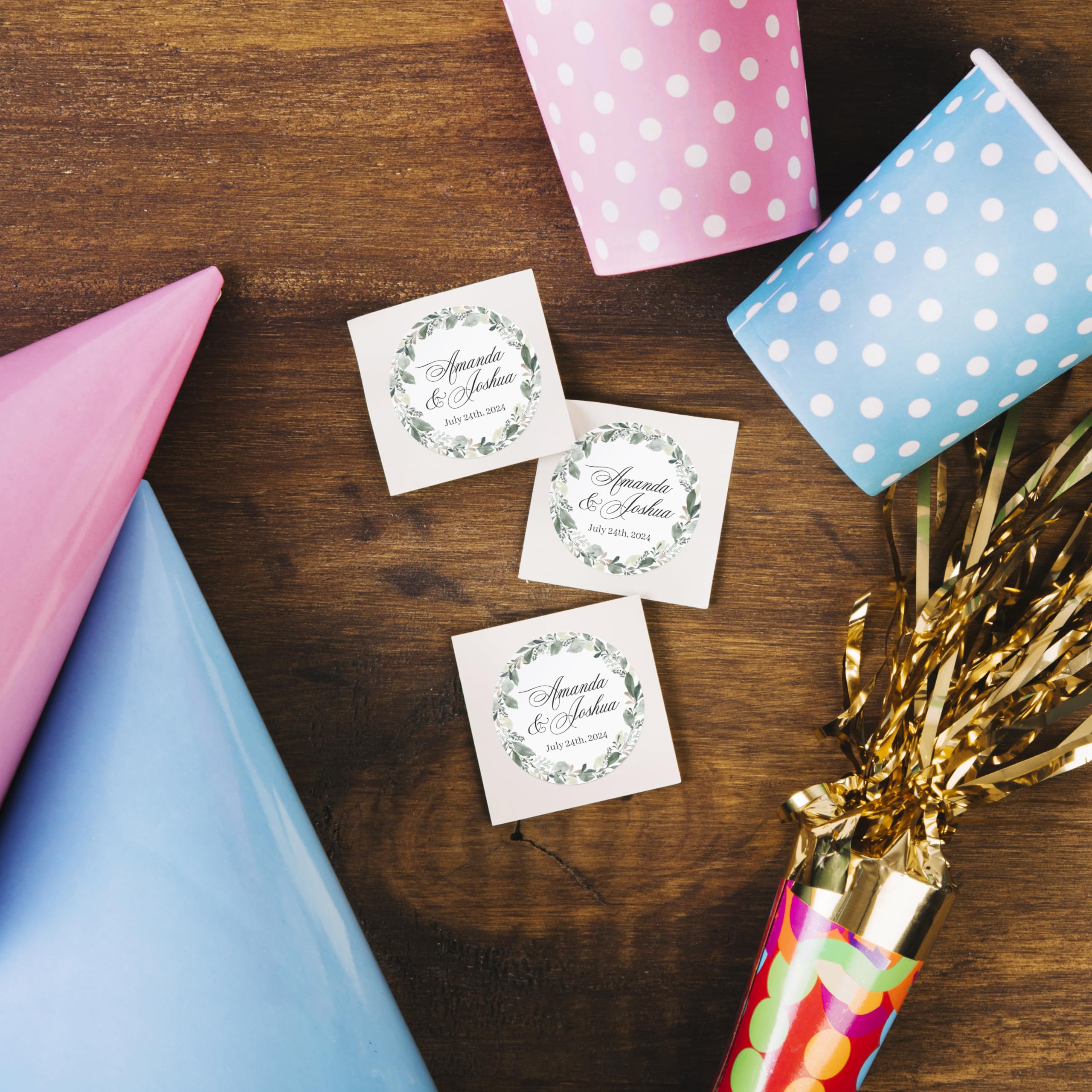 Personalized Greenery Birthday Wedding Favor Labels - Custom Name Stickers with Green Wreath for Party Favors, Gift Bags, Bottles, Candy Bags, Boxes & Cones - Perfect for Baby Showers, Bridal Showers, Weddings & Special Events
