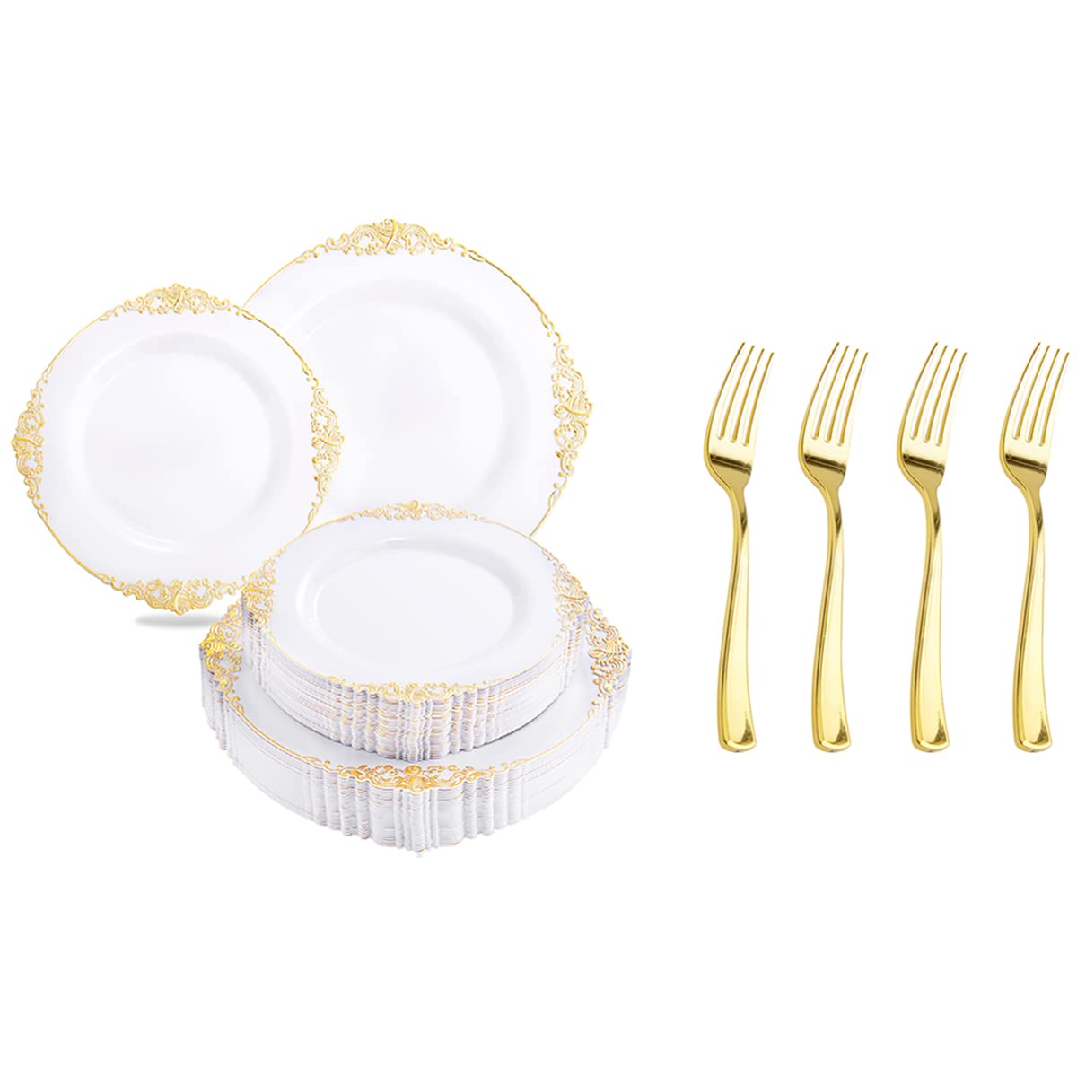 60 Pack Gold Plastic Plates & 200 Gold Plastic Forks - 7.4 Inch Heavy Duty Disposable Tableware Set for Parties, Weddings, Christmas - Elegant White & Gold Dinnerware for Celebrations, Events, and Holiday Gatherings