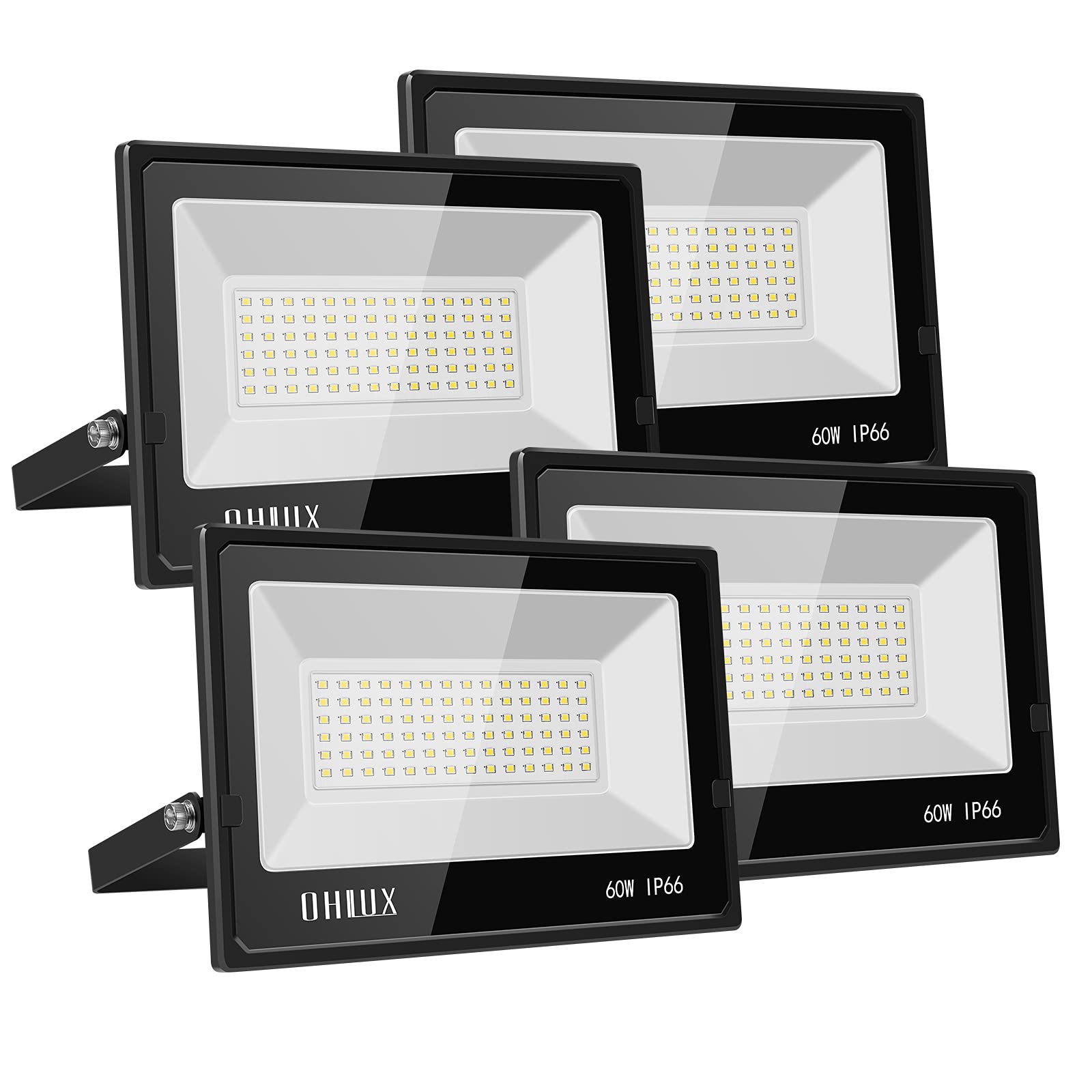 OHLUX 6000LM LED Flood Lights Outdoor, 60W Super Bright Security Lights - IP66 Waterproof, Black (4 Pack) - Perfect for Garden, Patio, Playground & Basketball Court Lighting