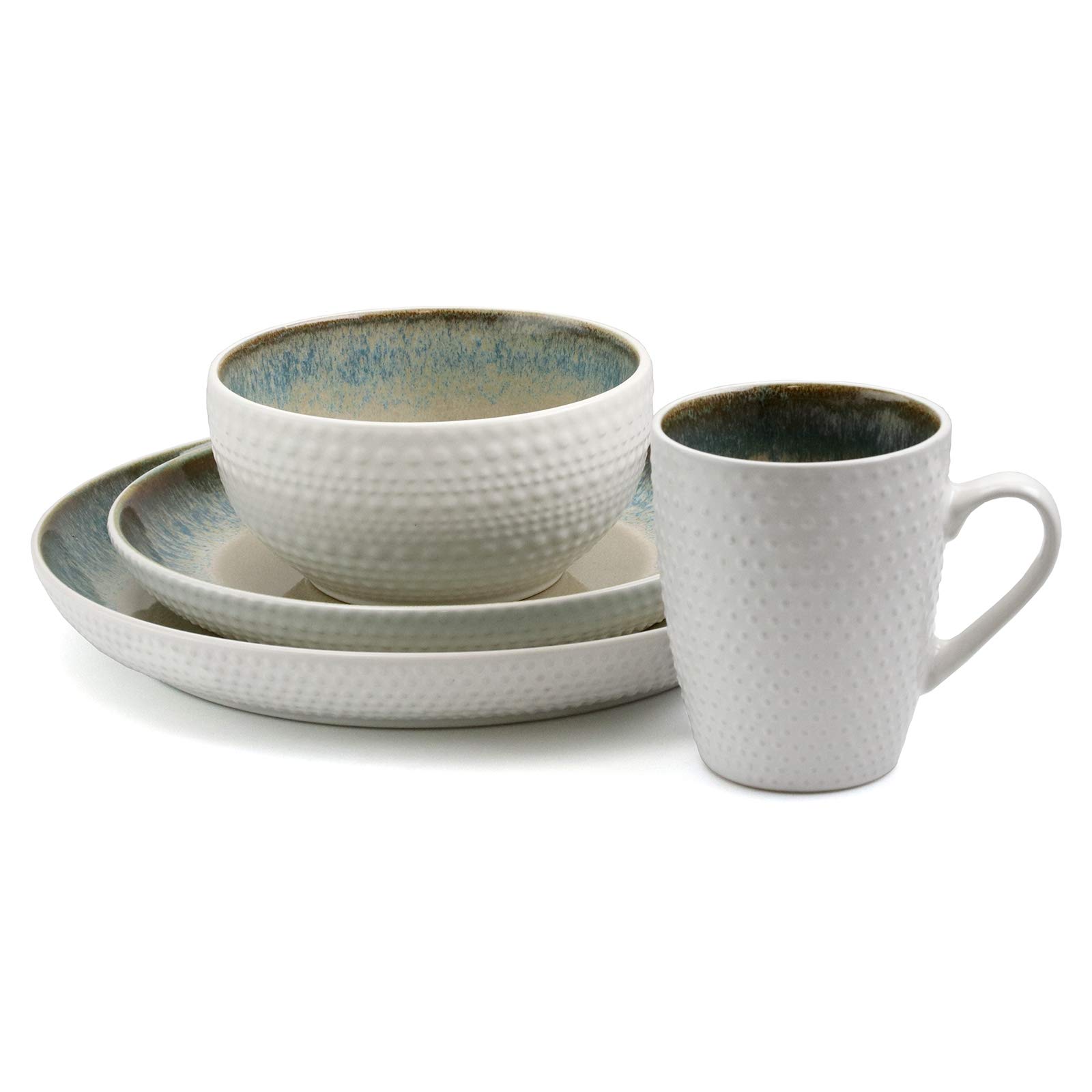 Elama 16-Piece Round Stoneware Dinnerware Set - Contemporary Warm Taupe with Blue Trim Plates & Bowls - Perfect for Everyday Dining & Dinner Parties