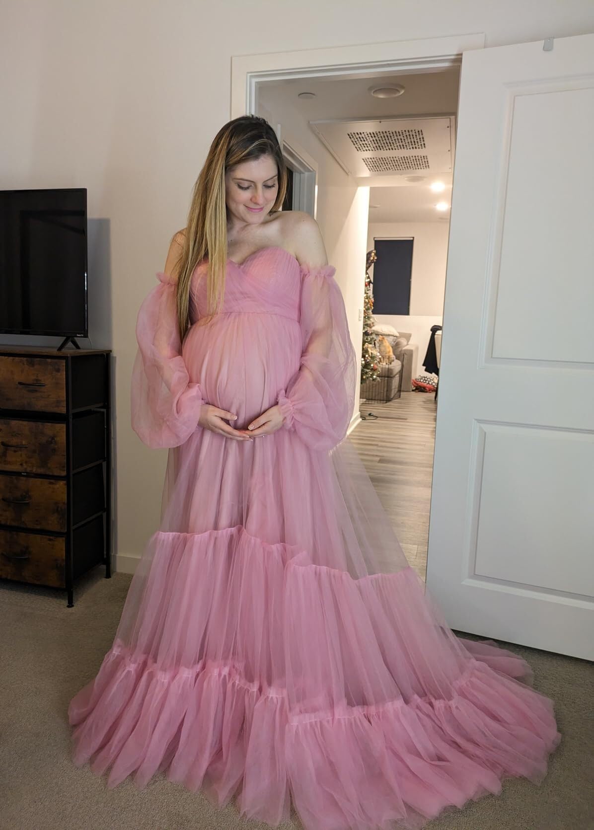 Elegant Winter Off Shoulder Tulle Maternity Dress for Photoshoot & Baby Shower - Stretchable Pregnancy Gown for Special Occasions, Maternity Photos, and Bridal Showers