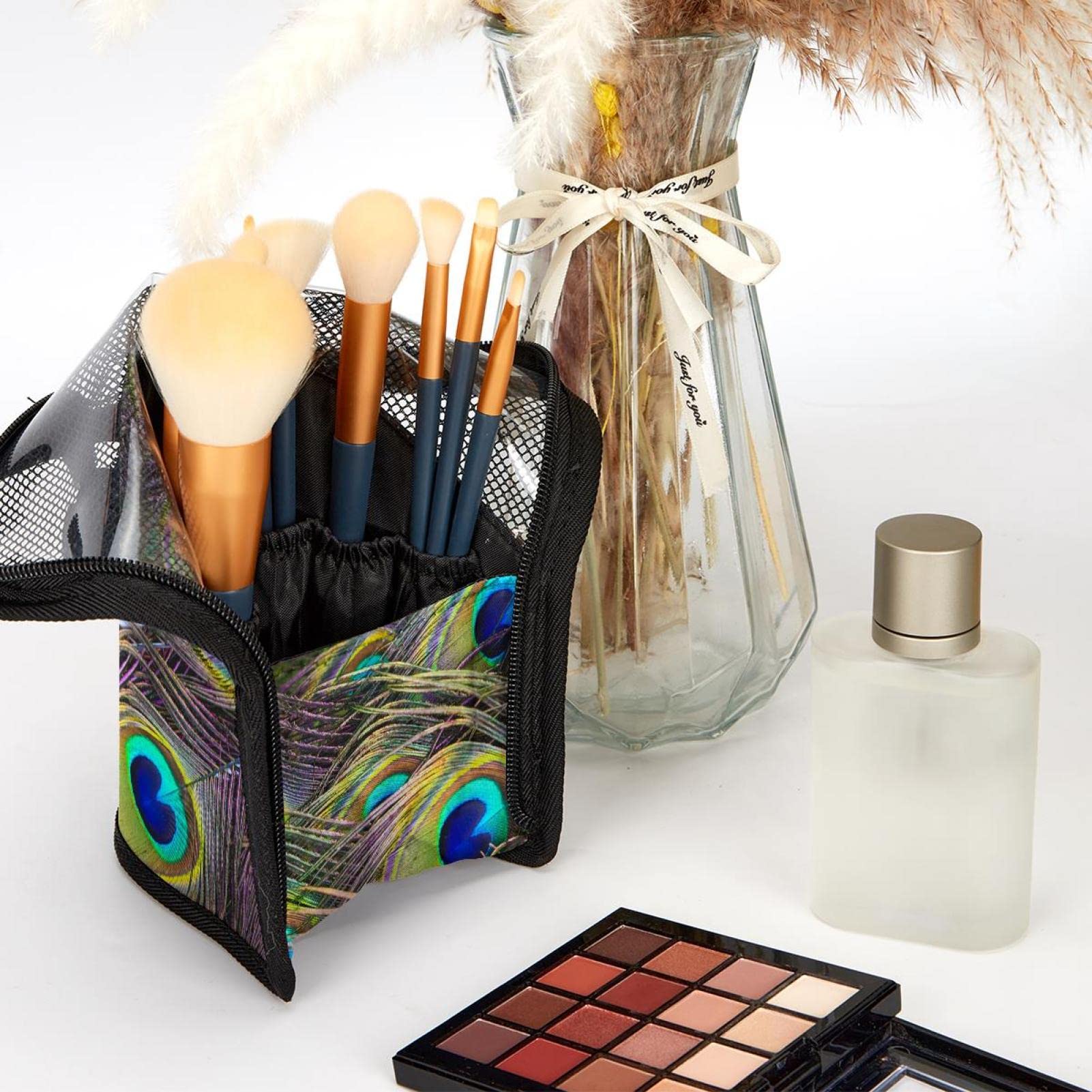 Premium 12-Piece Makeup Brush Organizer Bag with Feather Texture Peacock Design - Portable Travel Cosmetic Brush Holder Case for Professional Artists & Home Vanity Use