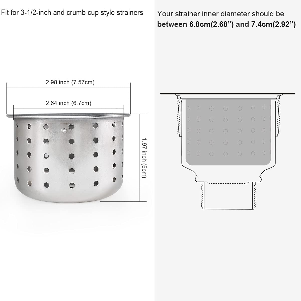 3-Inch Stainless Steel Kitchen Sink Drain Basket Replacement - Deep Cup with Handle, SUS 304, Ideal for Sink Strainer Maintenance and Food Waste Collection