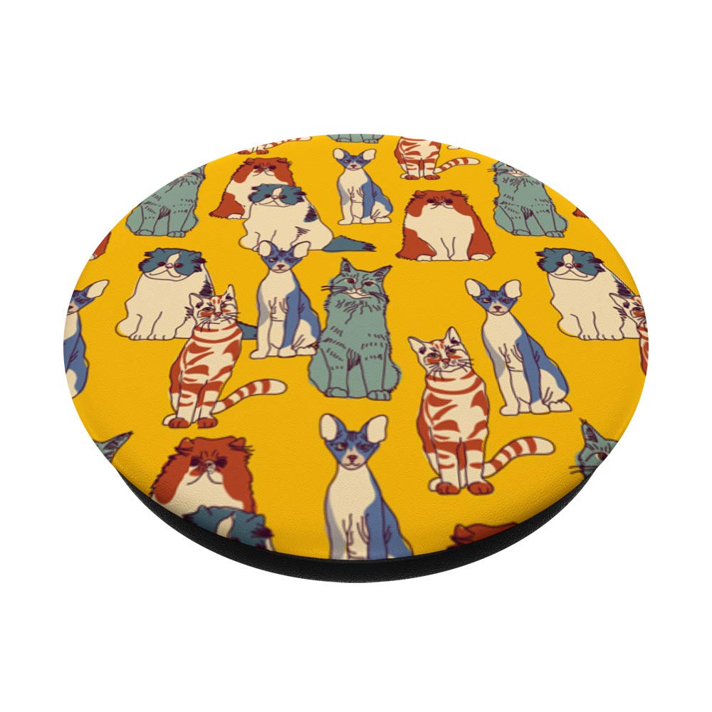 Yellow Cat Pattern Art Illustration PopSocket PopGrip - Swappable Phone & Tablet Grip for Cat Lovers, Perfect for Everyday Use, Travel, and Office