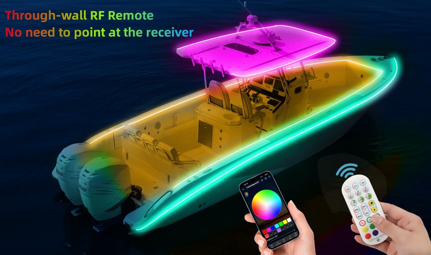 45FT LED Boat Lights - 12V RGB Marine Strip Lights with APP & RF Remote Control, IP66 Waterproof for Pontoon, Bass, Fishing Boats & Yachts | Perfect for Deck Lighting, Interior Illumination & Night Fishing