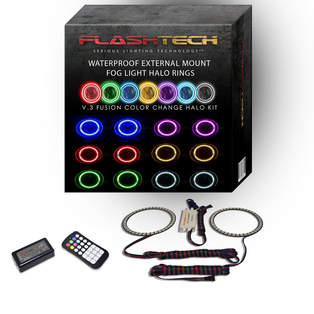 Flashtech LED RGB Multi-Color Waterproof Halo Ring Fog Lights with RF Remote for Dodge Charger 2005-2010 | Daytime Running Lights & Off-Road Lighting Accessories