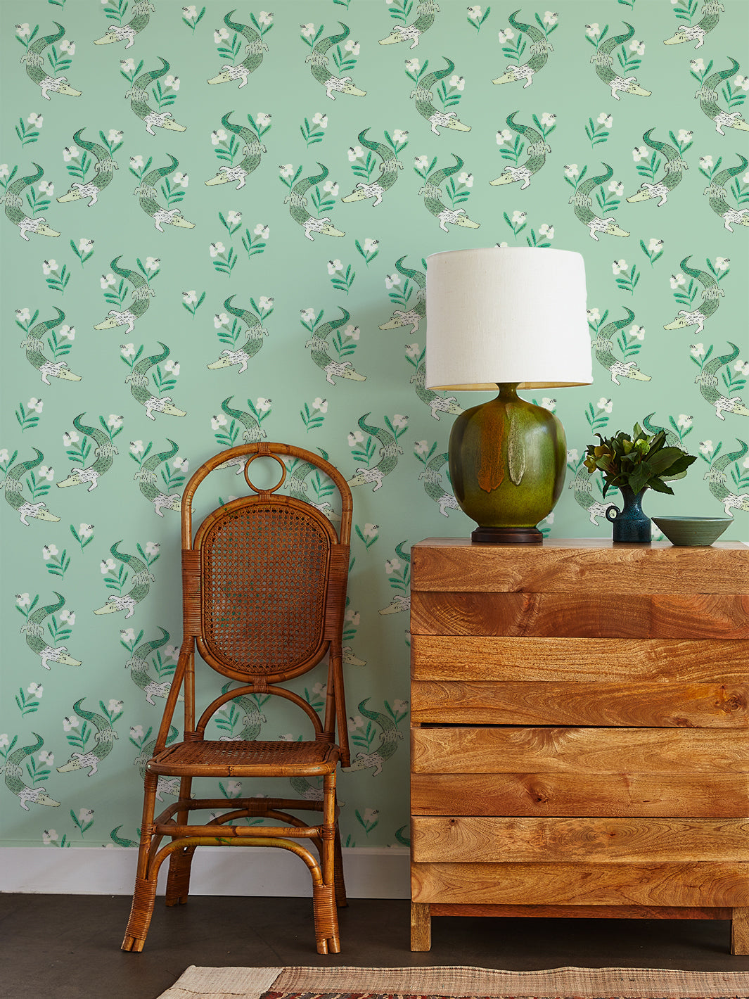 Gator Garden Wallpaper by Tea Collection - Aventurine Green Tropical Wallpaper for Nursery, Kids Room & Home Decor