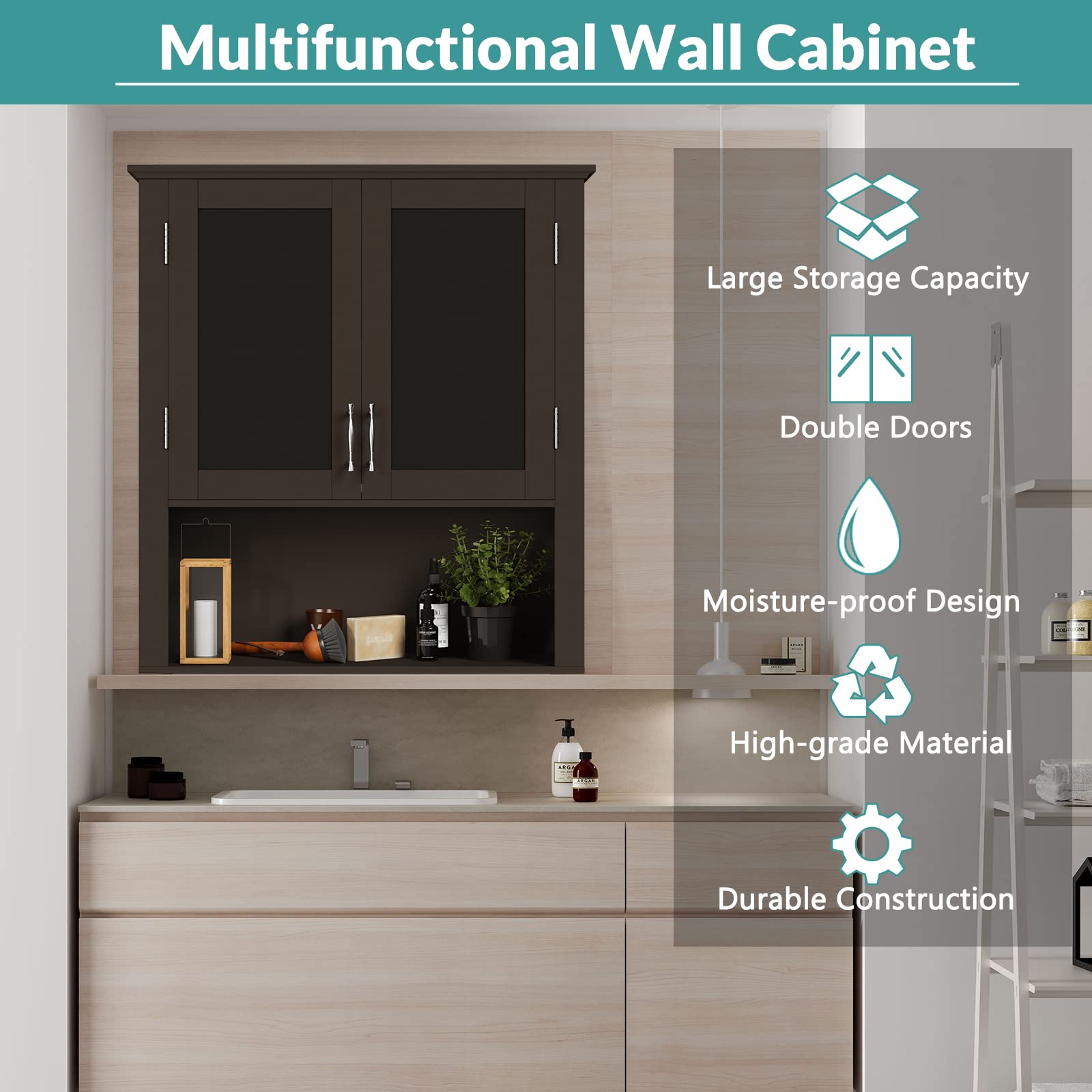 MEETWARM Wall Mounted Bathroom Cabinet with Adjustable Shelves - Double Door Wood Medicine Storage Organizer for Over The Toilet Space - Perfect for Bathroom Organization and Small Space Storage