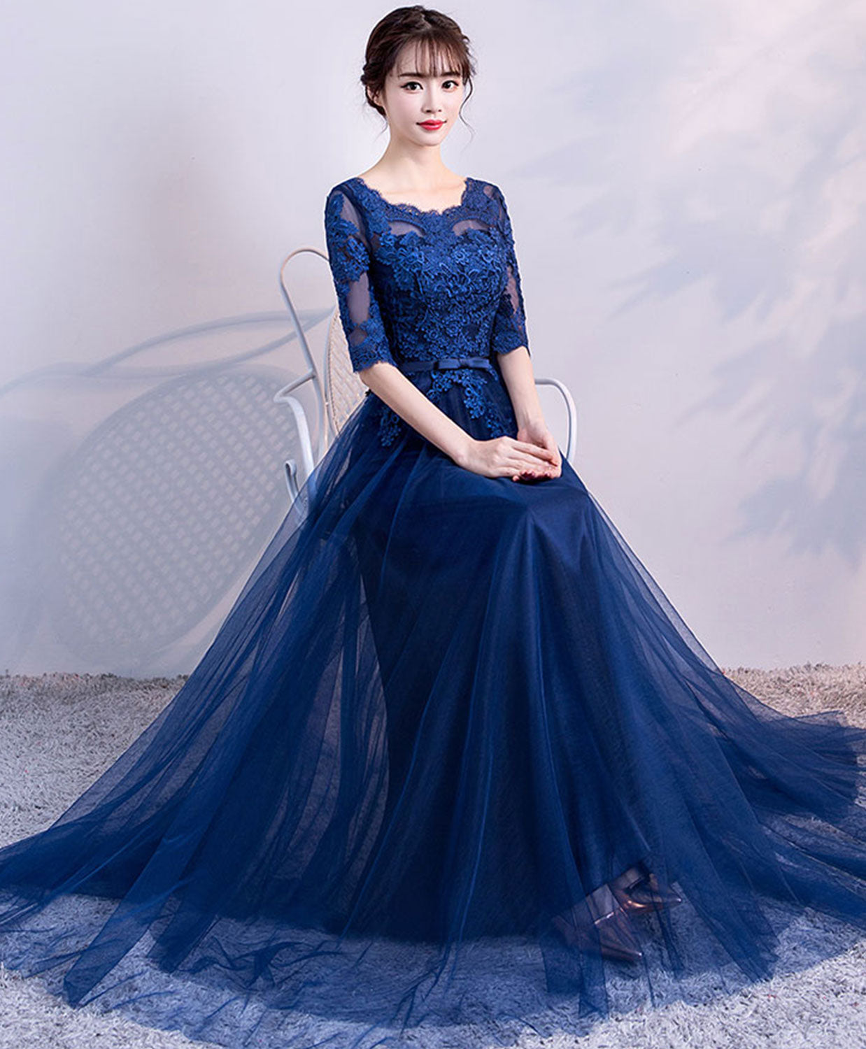 Elegant Blue Tulle Lace Long Prom Dress with Floral Embroidery - Formal Evening Gown for Homecoming, Wedding, Ball & Special Occasions