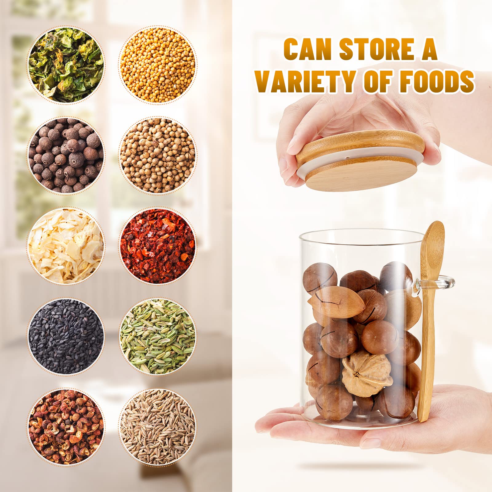 Premium Set of 8 Glass Storage Jars with Bamboo Lids & Spoons - 17oz Airtight Kitchen Canisters for Coffee, Sugar, Spices, Tea, Beans & Dry Goods - Perfect for Pantry Organization & Home Kitchen Storage