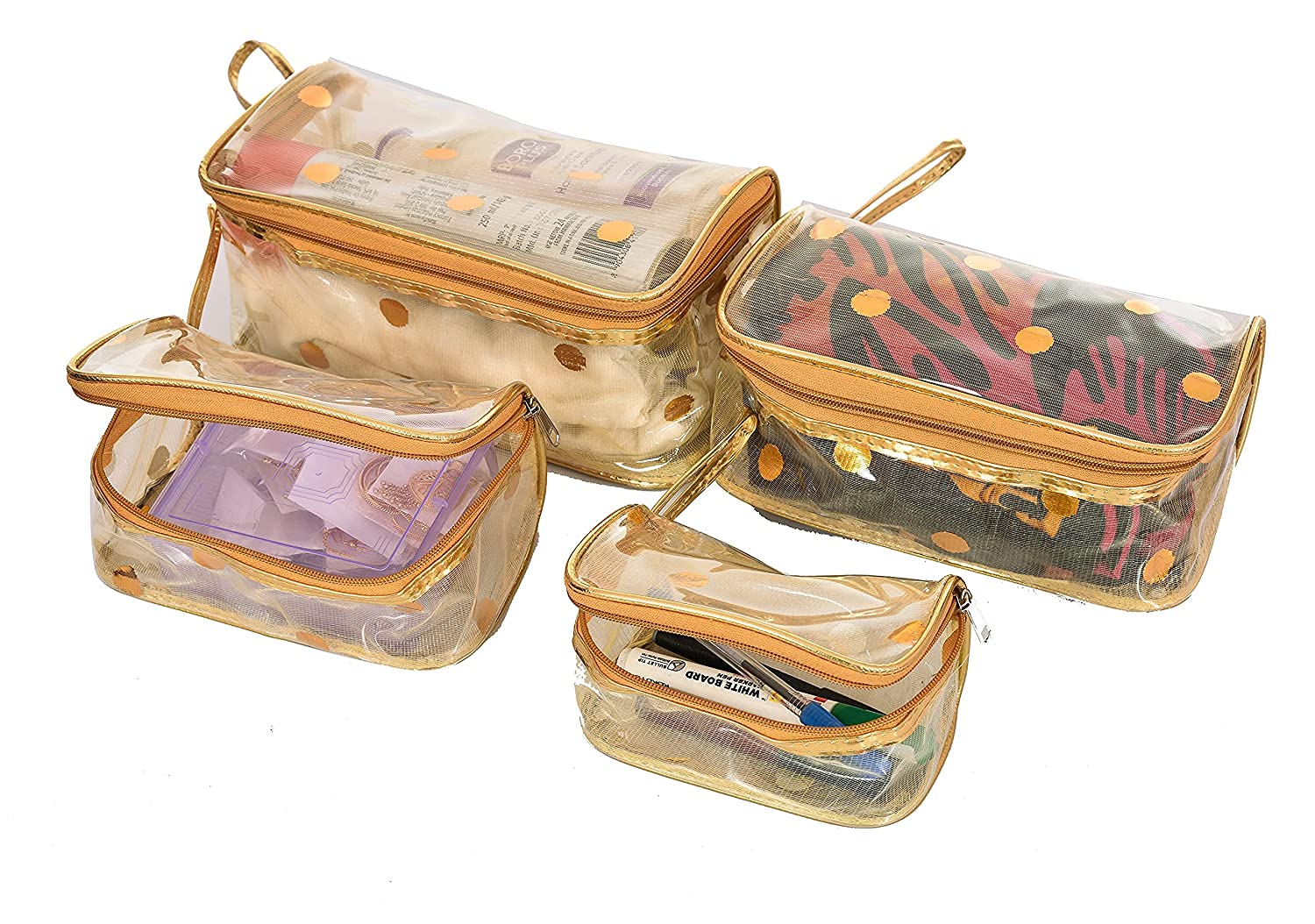 STACKRAID 4-Piece Transparent Makeup Organizer Set - Multipurpose Cosmetic & Toiletry Travel Bag - Printed Vanity Box for Makeup Brushes, Jewelry, Skincare - Perfect for Travel, Home & Office Organization (Multi-Color)