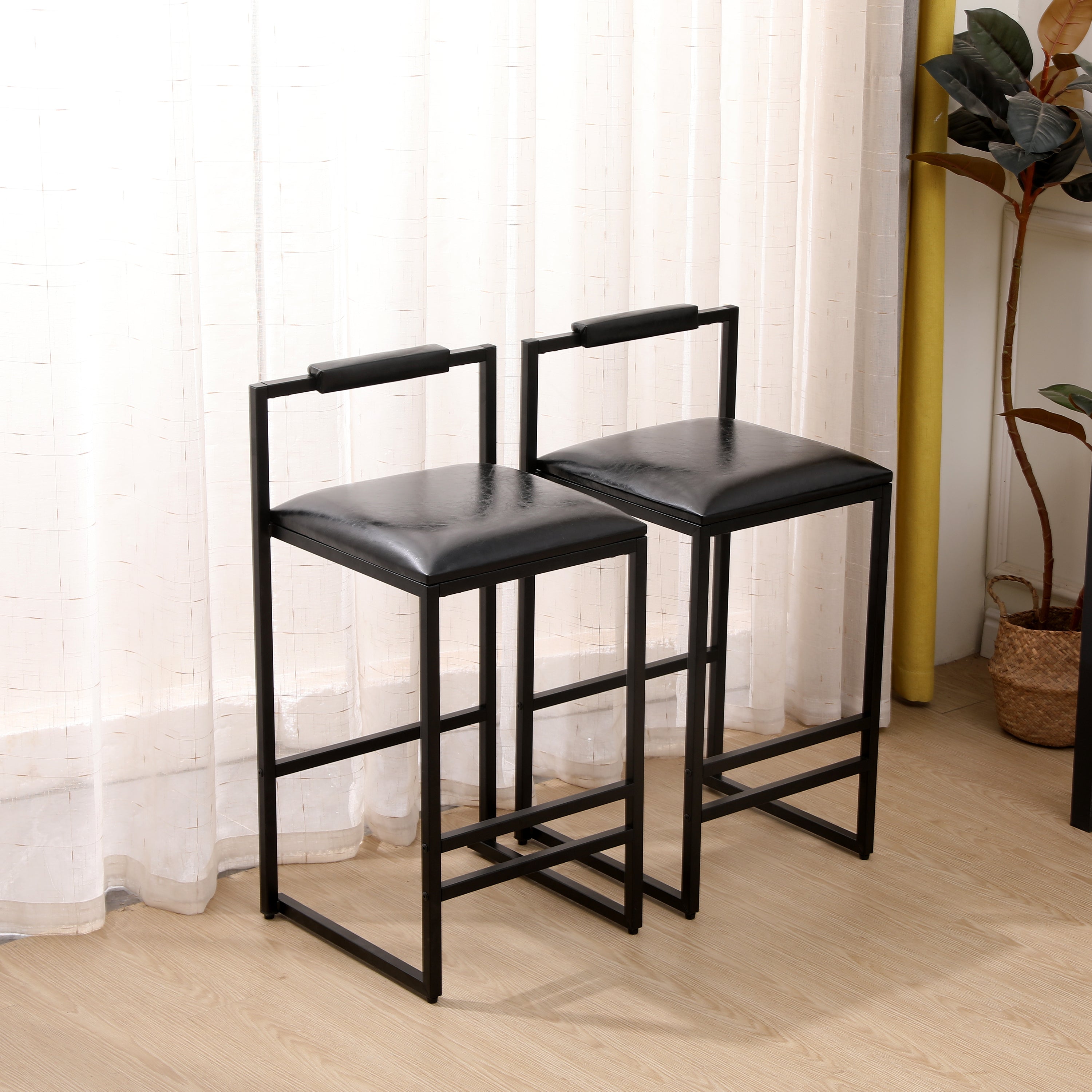 Set of 2 Black PU Leather Bar Stools with Backrest & Footrest - Counter Height Kitchen Island Stools for Home Bar, Breakfast Nook & Dining Room Decor