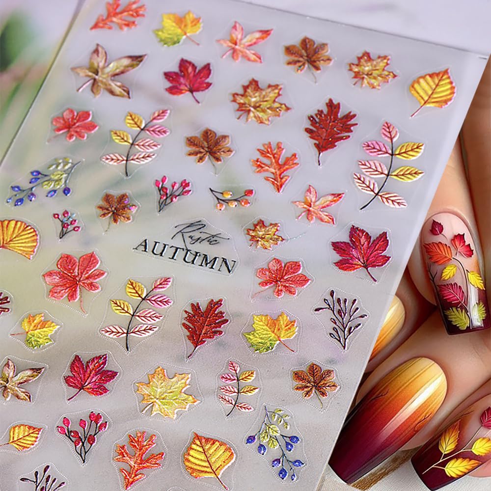 3D Embossed Fall Nail Stickers - Red Gold Maple Leaf Nail Art Decals for Women | Self-Adhesive Autumn Nail Designs | Thanksgiving Nail Accessories (4 Sheets) | Perfect for Halloween, Thanksgiving Parties & Autumn Nail Art
