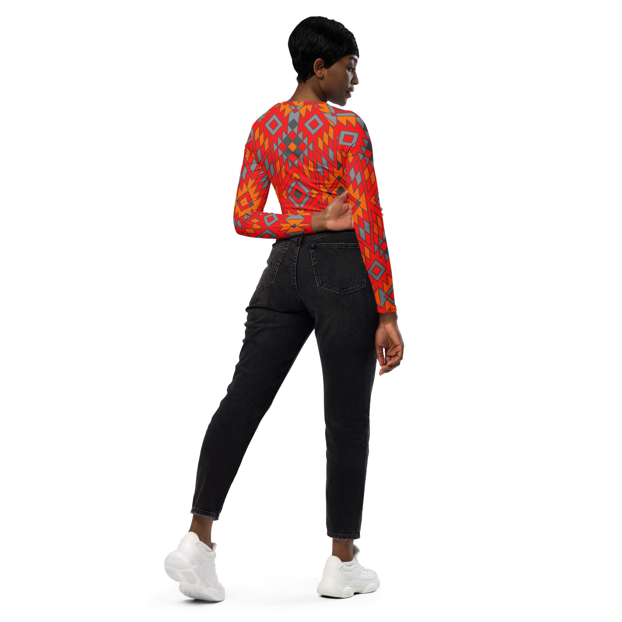 Eco-Friendly Southwestern Print Long Sleeve Crop Top | Sustainable Recycled Fabric | Perfect for Music Festivals & Boho Fashion