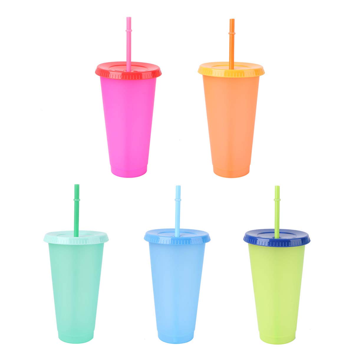 Heat Sensitive Color Changing Plastic Cups with Lids & Straws - 5 Pack Reusable Tumblers for Iced Coffee, Smoothies, Summer Drinks - Fun Party, Pool, Beach, Camping Cups