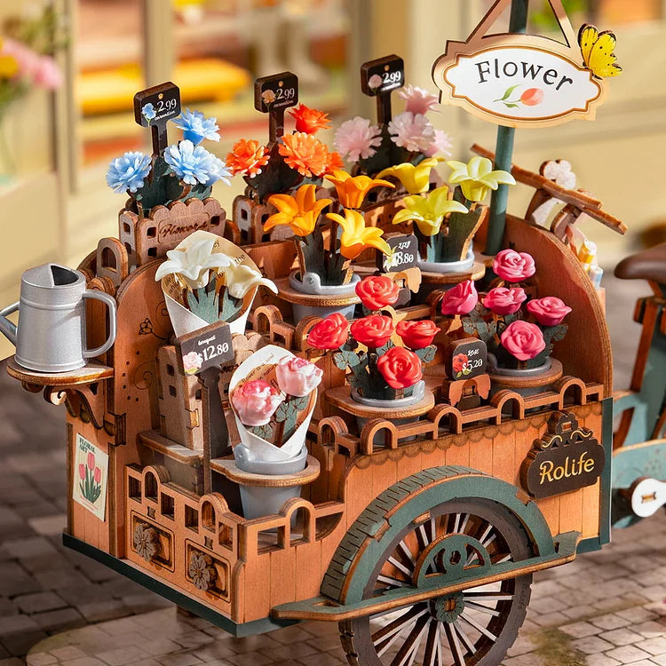 Rolife Blossom Cart 3D Wooden Puzzle Kit - DIY Flower Cart Model for Adults & Teens - Creative Home Decor & Gift Idea for Birthday, Christmas - Relaxing Craft Project for Stress Relief & Mindfulness