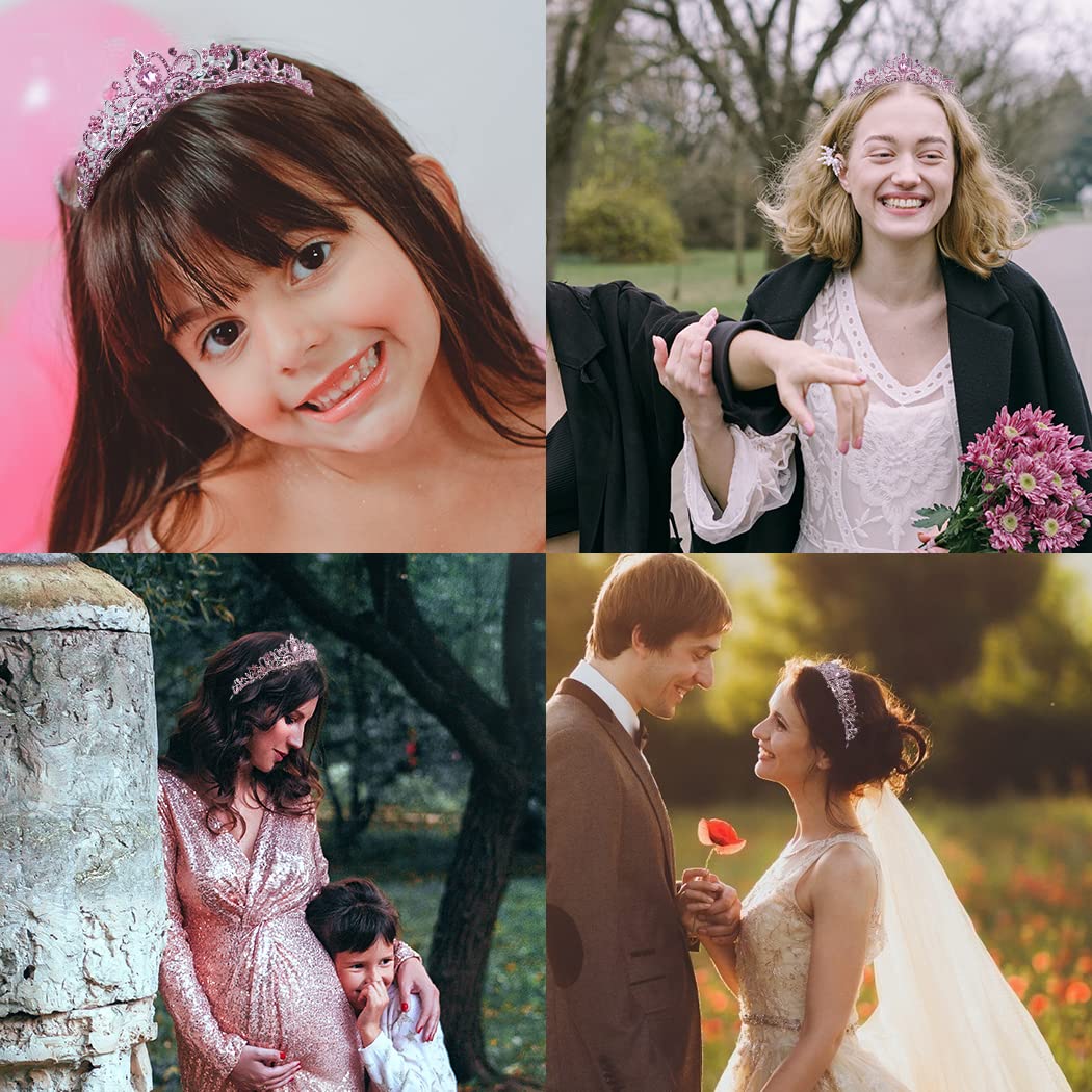 Pink Crystal Tiara Crown for Women & Girls - Elegant Princess Birthday Crown, Wedding Headband, Kids Hair Accessories for Prom, Christmas Costume & Special Occasions | Perfect for Parties, Pageants & Photo Shoots