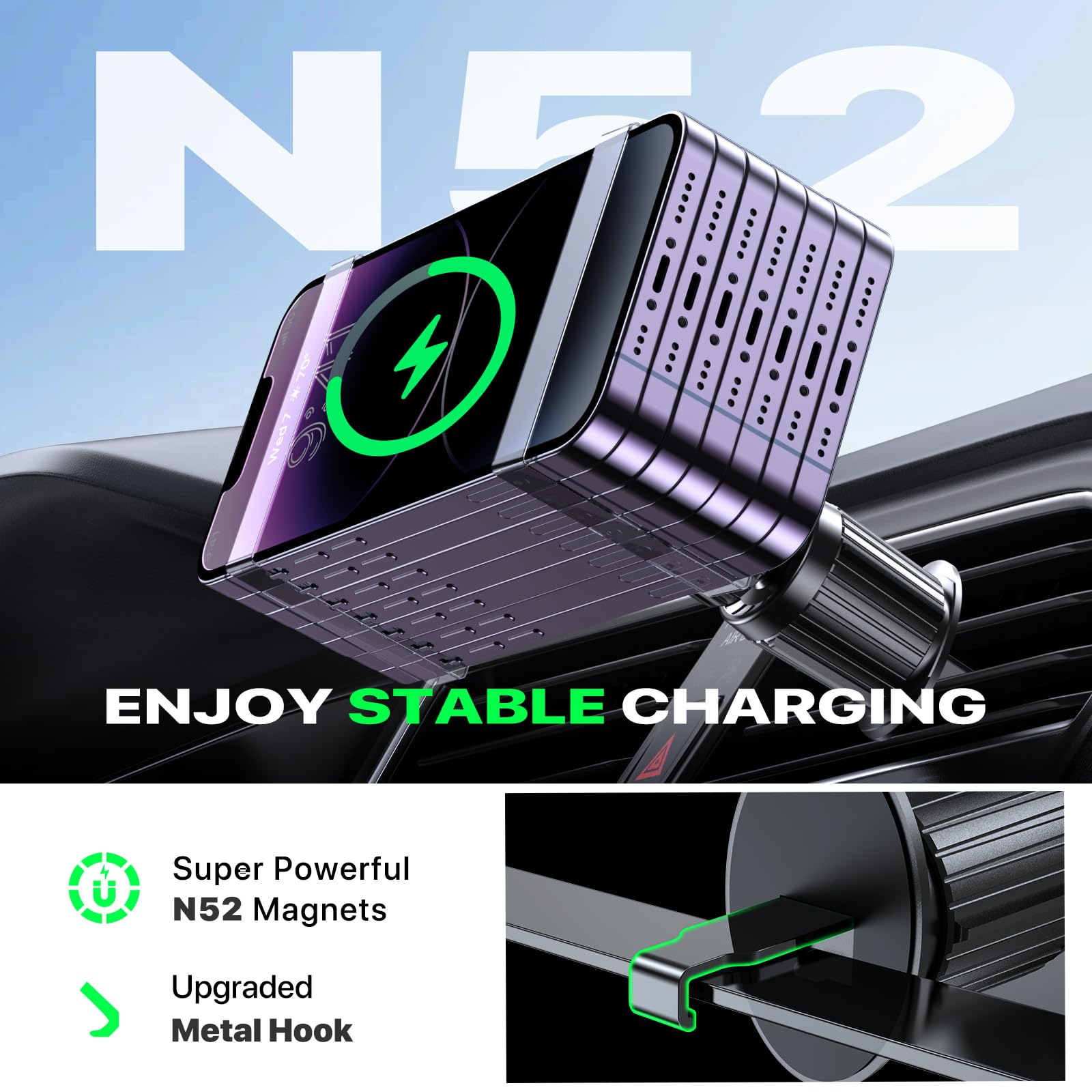 Miracase Magsafe Car Mount Charger - 15W Fast Magnetic Wireless Car Charger Compatible with iPhone 16/15/14/13/12 Series | Air Vent Phone Holder | Perfect for Safe Hands-Free Driving & GPS Navigation