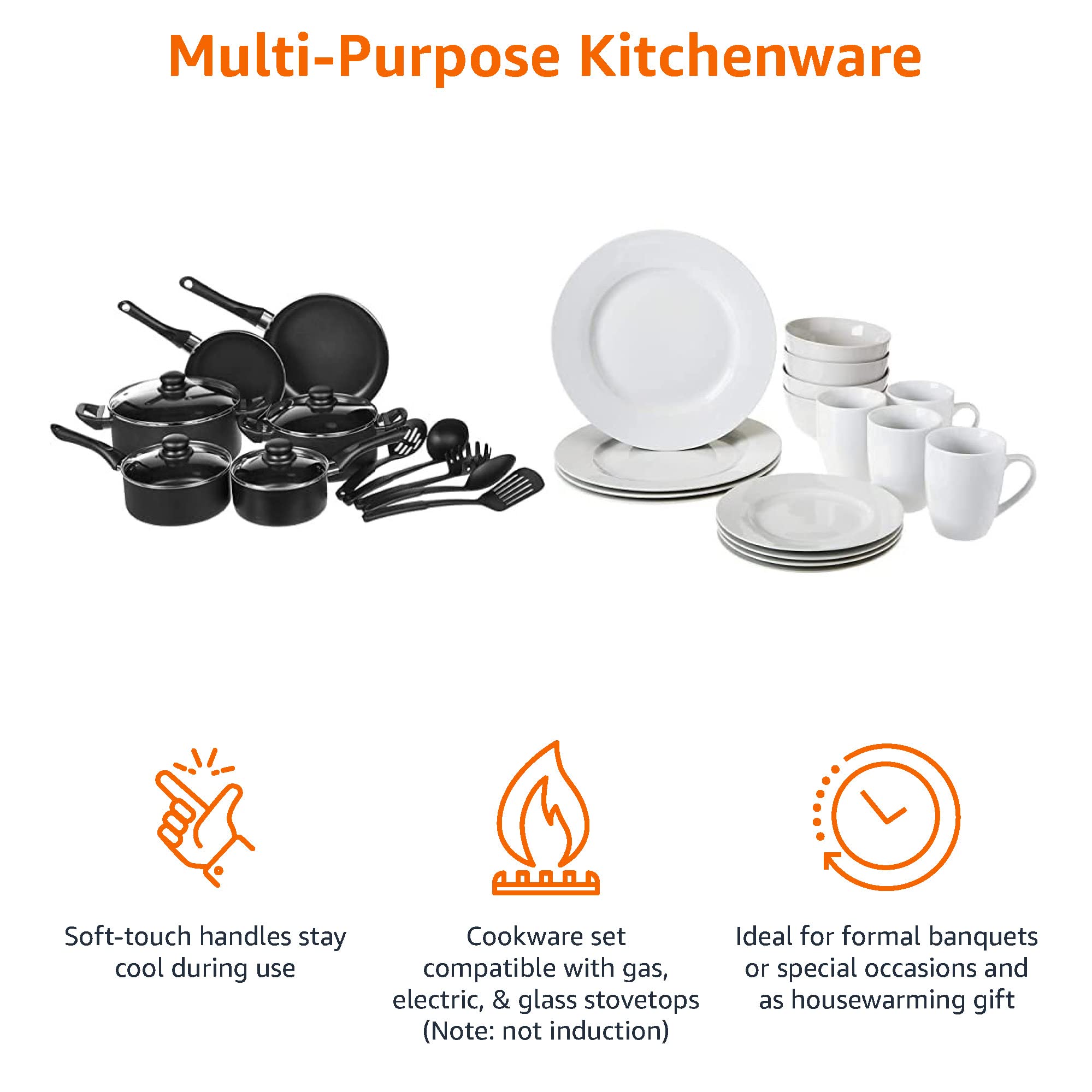Amazon Basics Non-Stick 15-Piece Cookware Set with Pots, Pans & Utensils + 16-Piece White Dinnerware Set (Plates, Bowls, Mugs) - Service for 4 | Perfect for Family Dinners, Entertaining Guests & Everyday Cooking