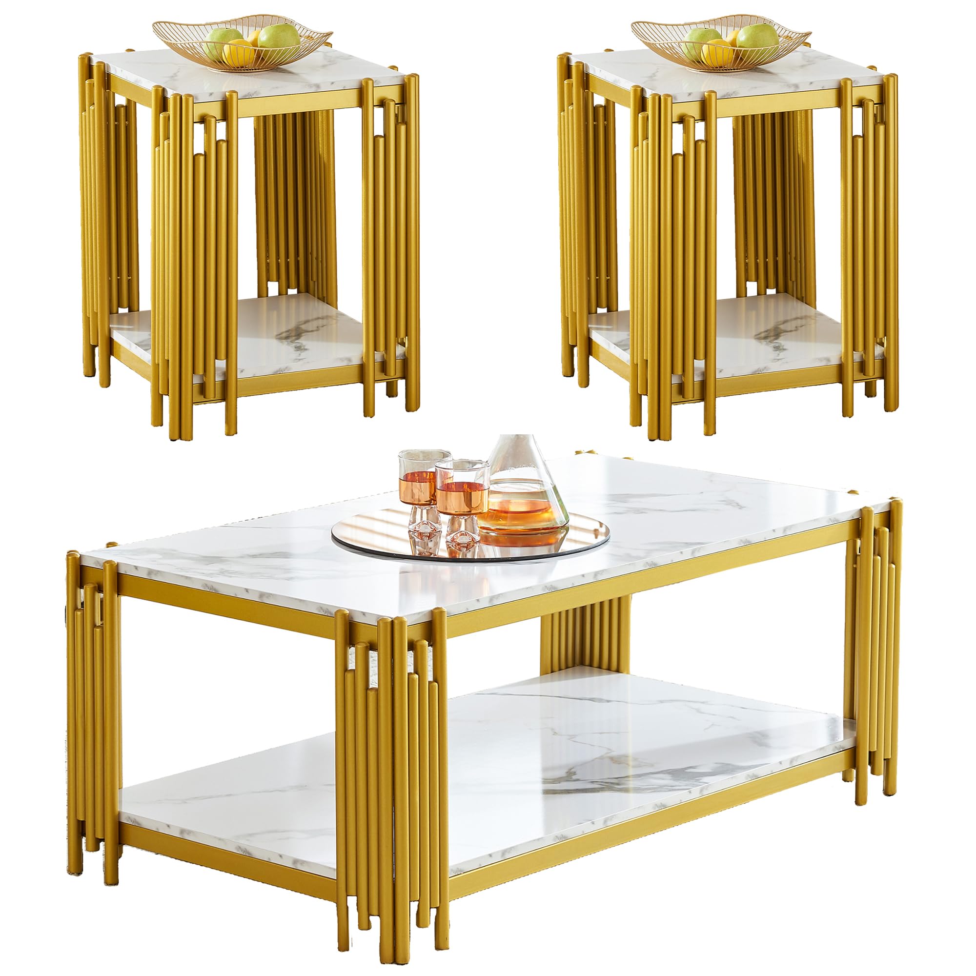 3-Piece Modern Luxury Living Room Table Set - Faux Marble Coffee Table & 2 Gold End Tables with Chrome Metal Pedestal, Rectangular Coffee Table Set for Apartment, Bedroom, Living Room | Perfect for Small Spaces, Home Decor & Entertaining Guests