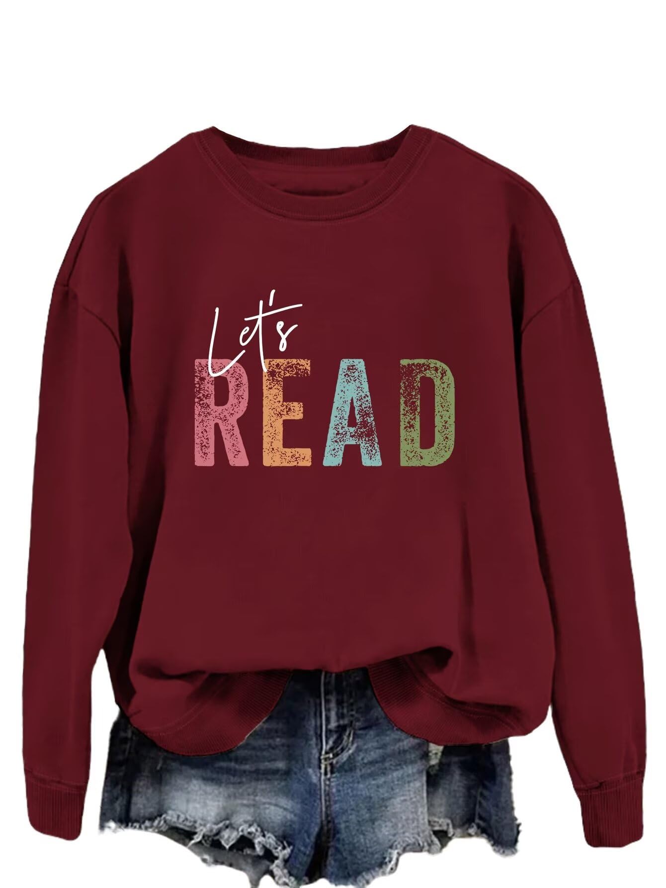 Women's Let's Read Graphic Long Sleeve Sweatshirt - Book Lover Crewneck Pullover Top for Teachers & Librarians | Cozy Reading & Library Outfit