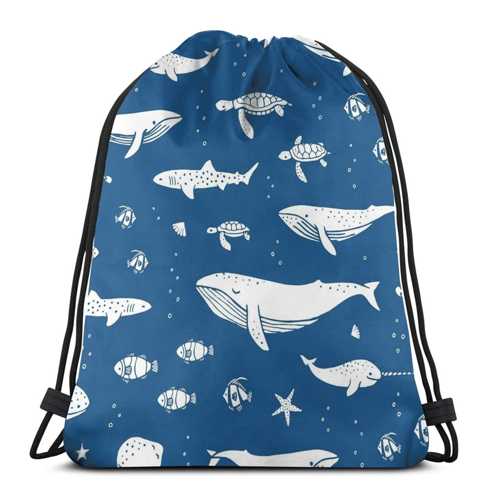 Water Resistant Navy Blue Cartoon Whale Drawstring Backpack - Lightweight Nylon Cinch Sack for Gym, Shopping, Beach, Yoga & Sports | Perfect for School, Travel & Outdoor Activities