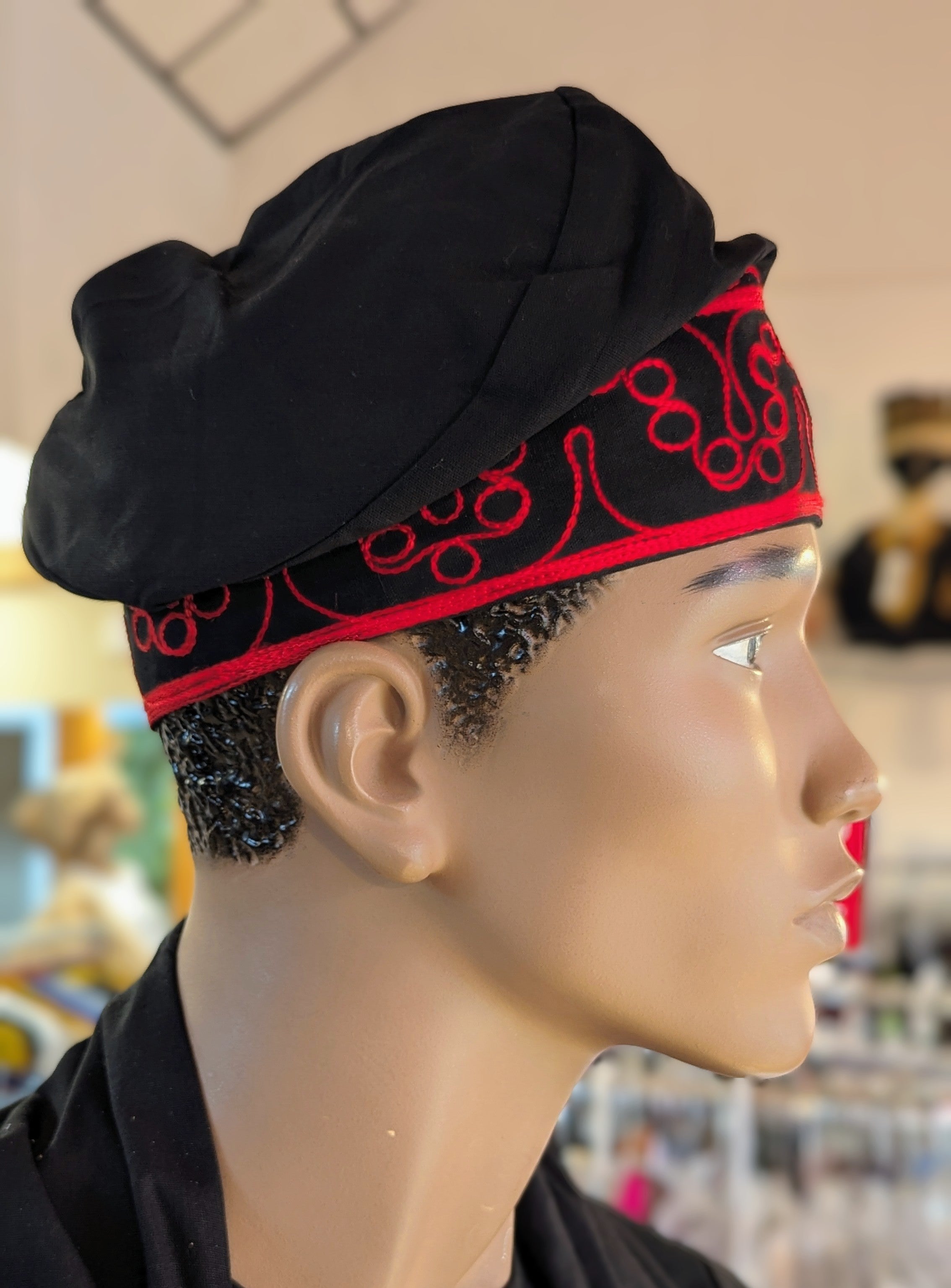 Authentic African Cotton Embroidered Adebo Fila Kufi Cap - Black with Red Embroidery | DPH4098 | Perfect for Cultural Celebrations, Weddings, and Traditional Events