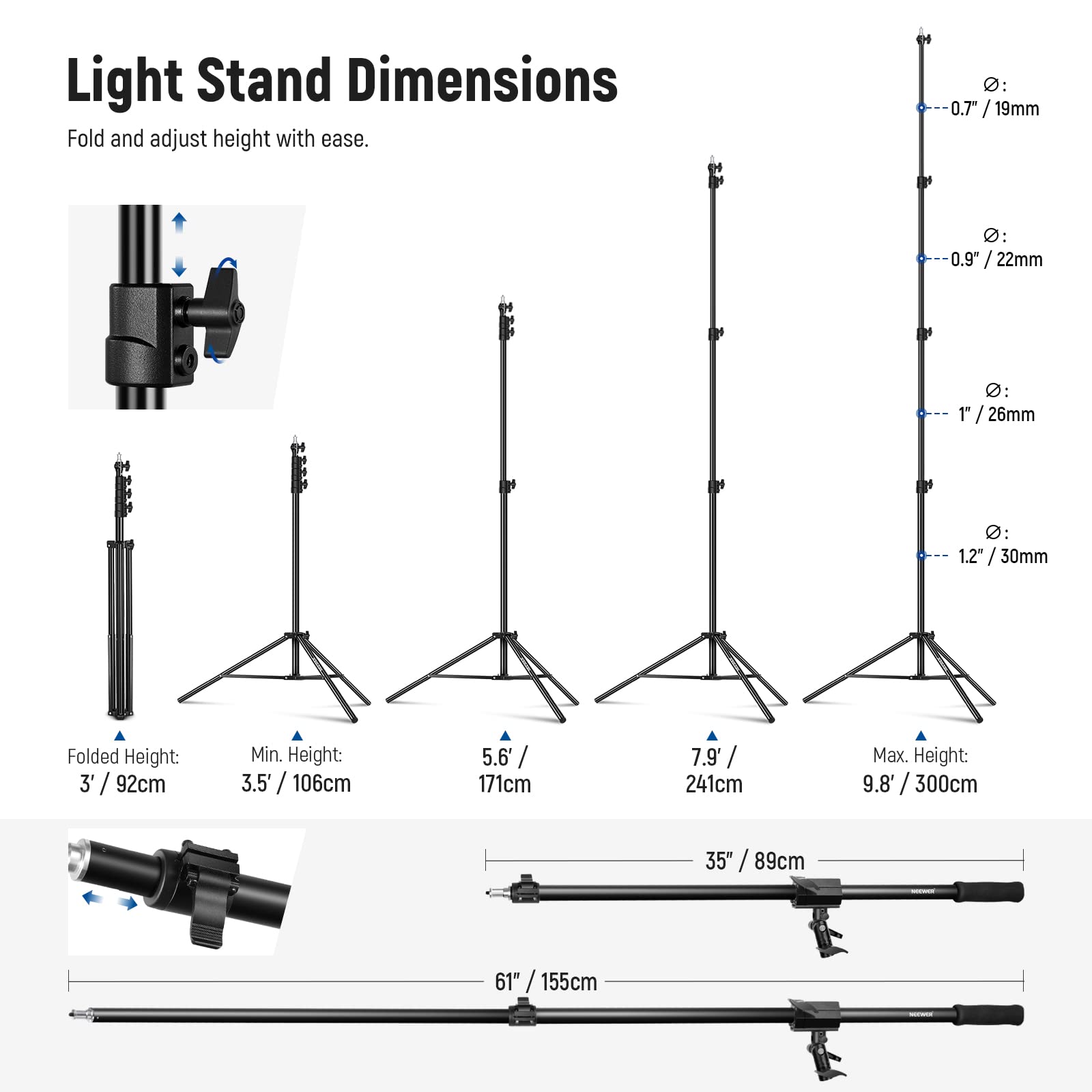 NEEWER 9.8ft Air Cushioned Aluminum Light Stand with Boom Arm - Heavy Duty Adjustable Photography Stand (3m Height, 5kg Max Load) for Studio Flash, Softbox, Ring Light, Umbrella - Includes Counterweight & Sandbag - Perfect for Portrait, Product, and YouTube Video Lighting