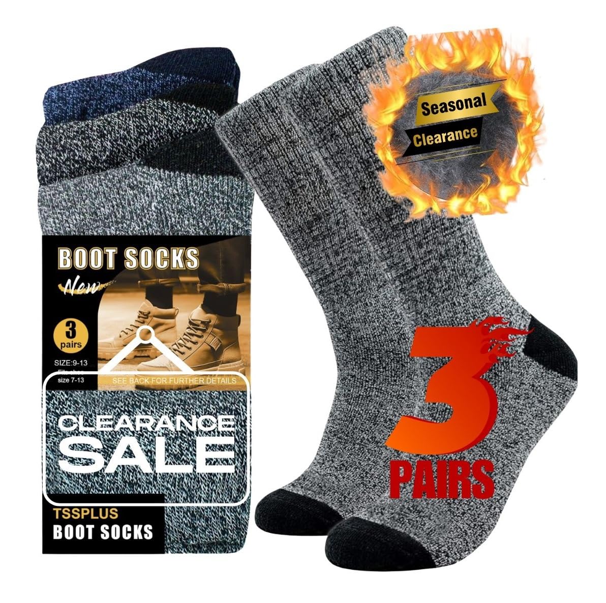 TSSPLUS Men's Thermal Winter Work Boot Socks - Heavy Duty Cotton Crew Socks for Cold Weather, US Size 9-13 - Ideal for Construction, Hiking & Outdoor Activities