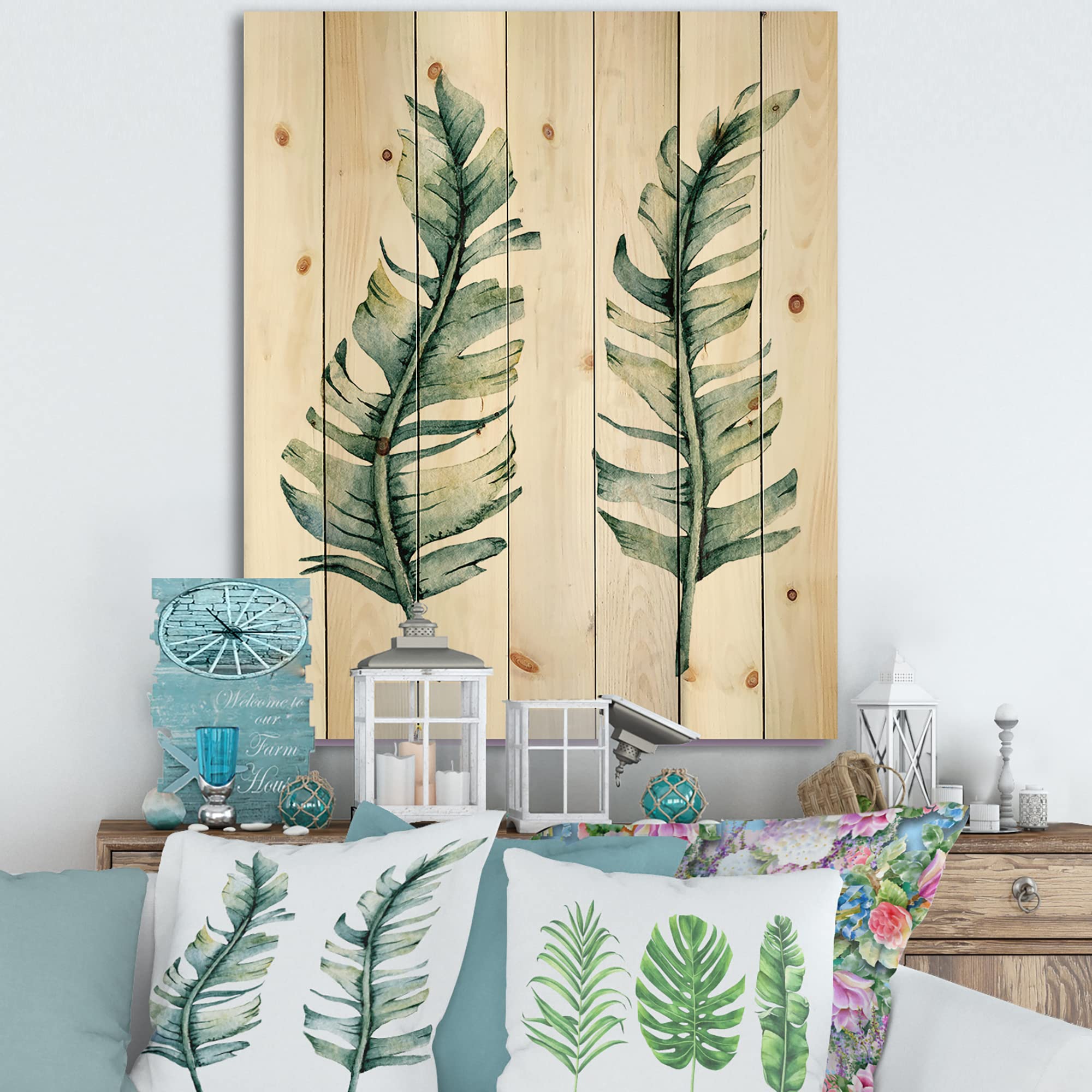 DesignQ Tropical Leaves Farmhouse Wood Wall Decor Set - Large Floral Printed Pine Wood Art Panels for Living Room, Bedroom & Home Decor | Green Botanical Wall Art for Rustic & Modern Interiors