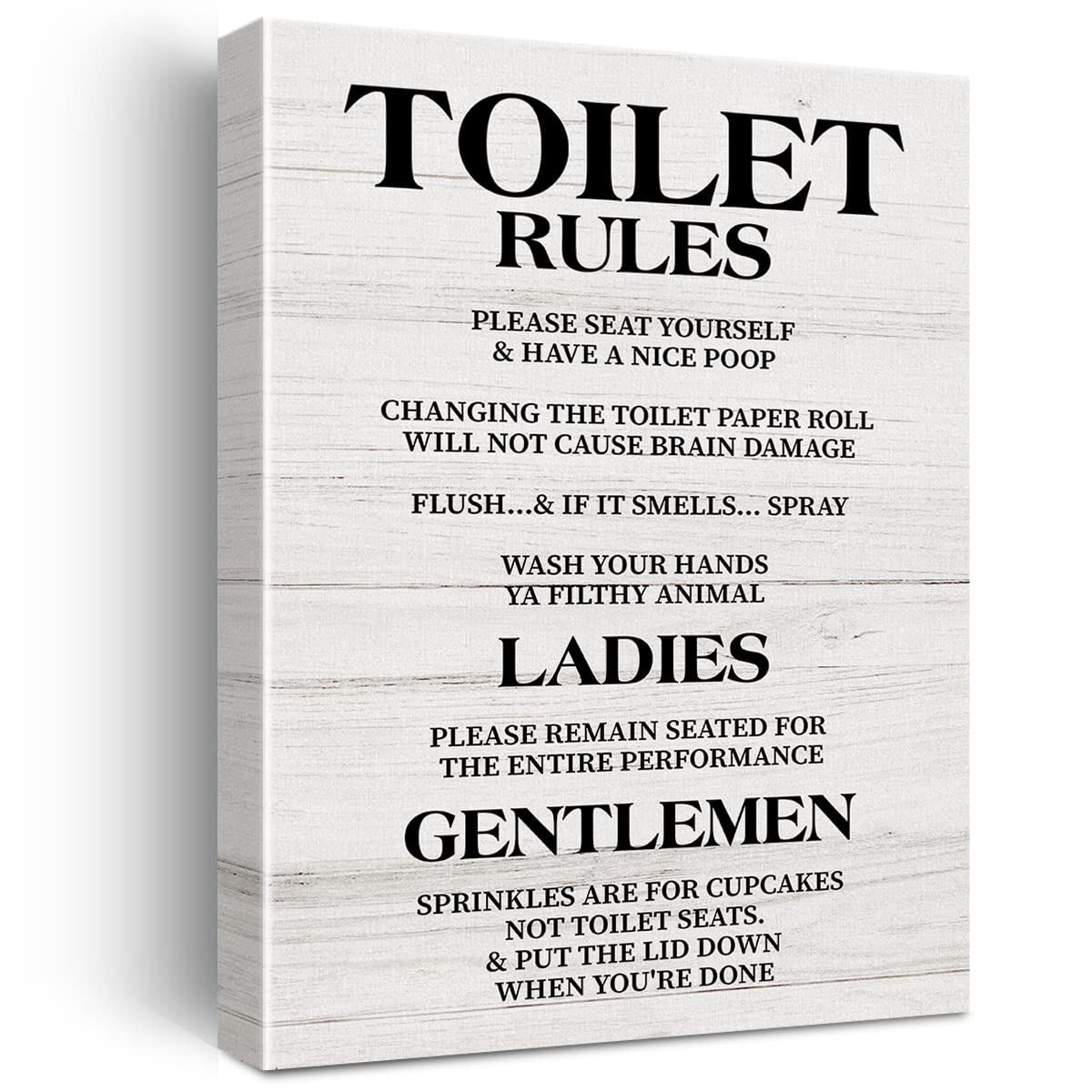 Funny Toilet Rules Canvas Print - Rustic Bathroom Wall Art Decor with Frame, Positive Painting for Home, Office & Tabletop - Perfect for Powder Rooms, Guest Bathrooms and Humorous Home Decor