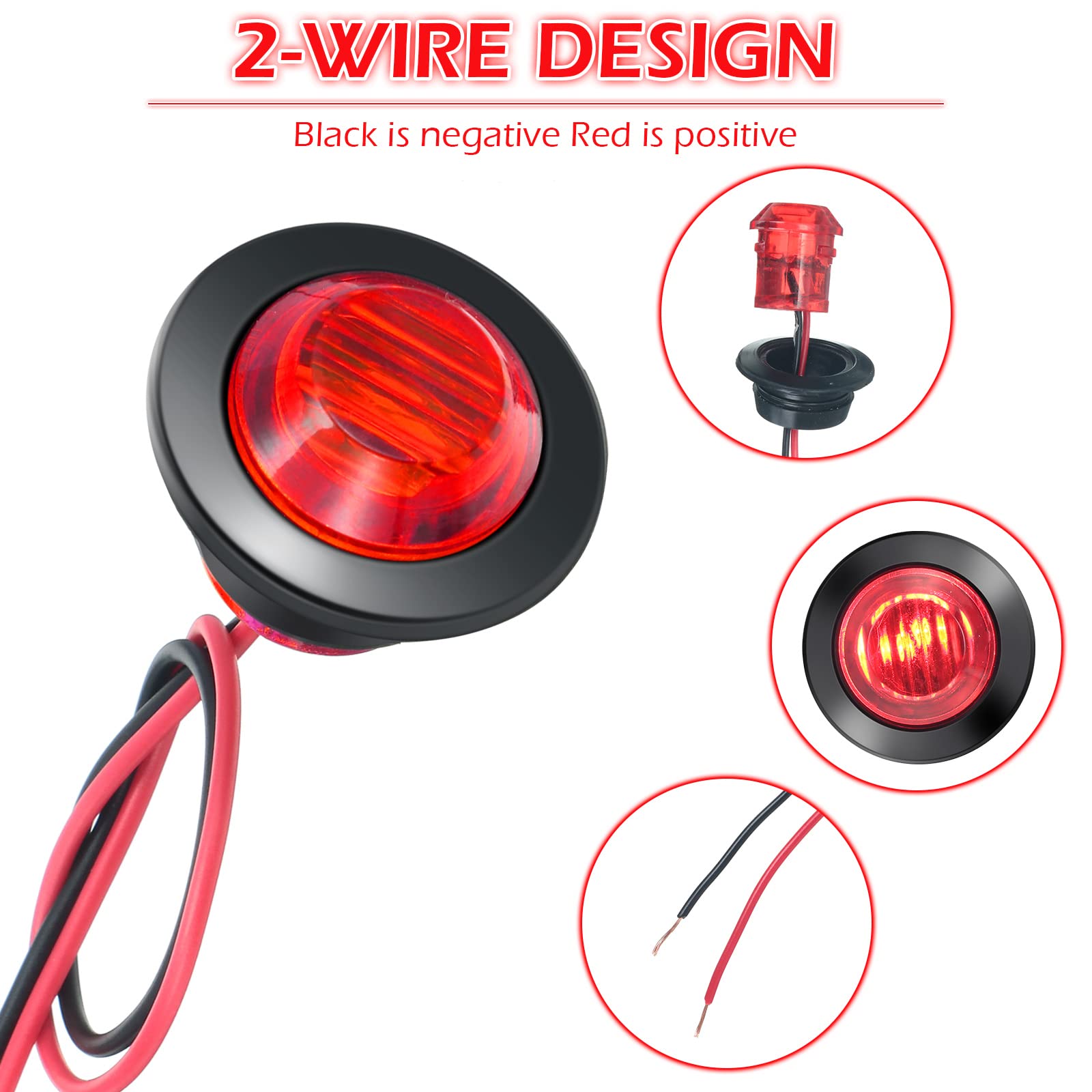 90 Pack 3/4 Inch LED Side Marker Lights - Mini Trailer Button Lights with 3 LED Sealed Flush Mount Bulb - 12V DC Amber/Red/White Round Signal Lamps for Boat, Truck, Pickup, Bus & RVs - Perfect for Night Driving & Safety Visibility