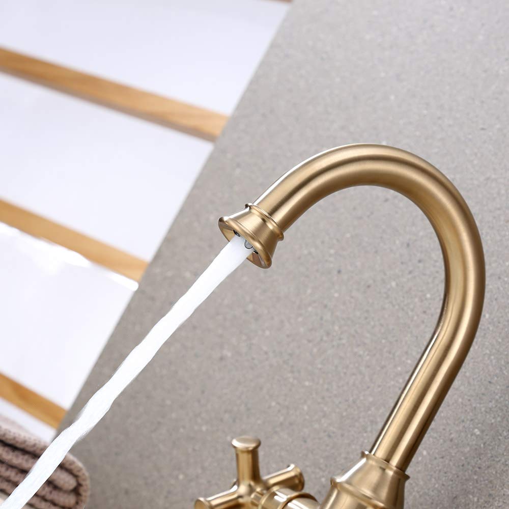 Brushed Gold Bathroom Sink Faucet - 2 Handle Single Hole Vanity Faucet with 360° Swivel Spout & Water Supply Lines - Perfect for Modern Bathroom & Powder Room Renovations (Model BTF-2018-CS)