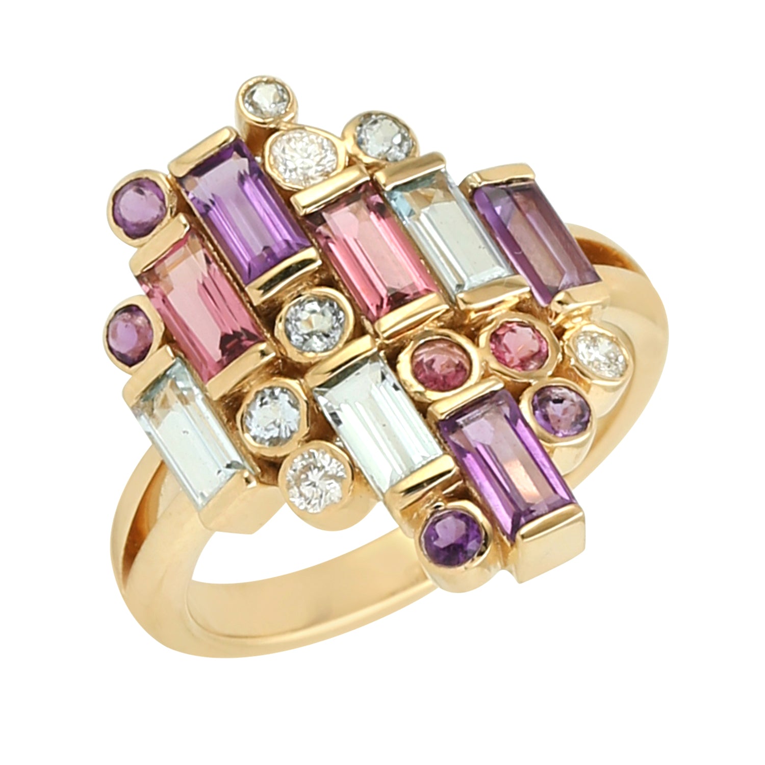Baguette Blue Topaz Amethyst Multi Tourmaline Bezel Diamond Cluster Ring in 14K Gold - Elegant Statement Jewelry for Weddings, Anniversaries & Special Occasions