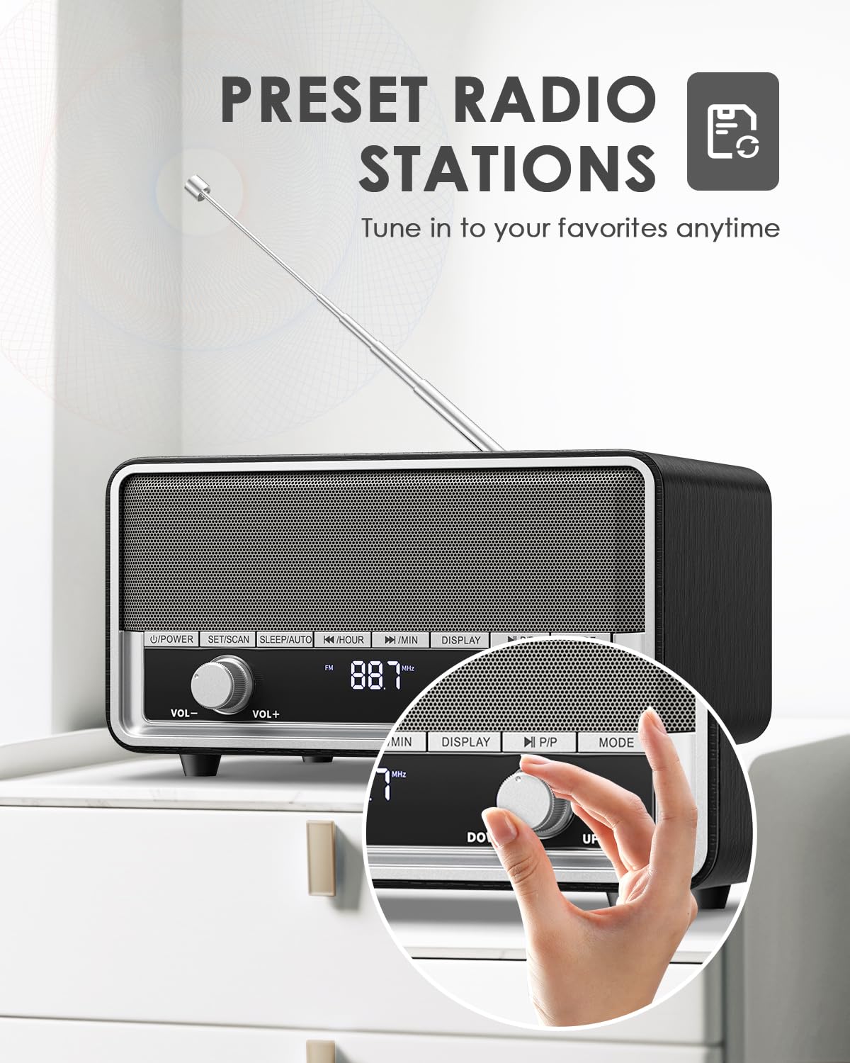 **Retro AM/FM Digital Alarm Clock Radio with Bluetooth Speaker - 40 Presets, LCD Display, Wall Plug-in - Perfect for Bedroom, Office & Gifts (Black)**